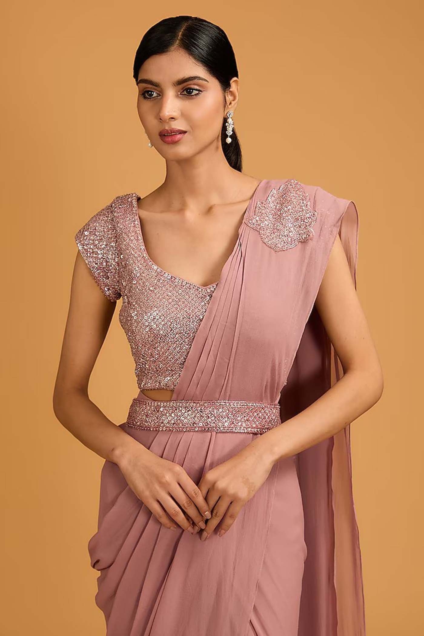 Salmon Pink Draped Saree with Belt