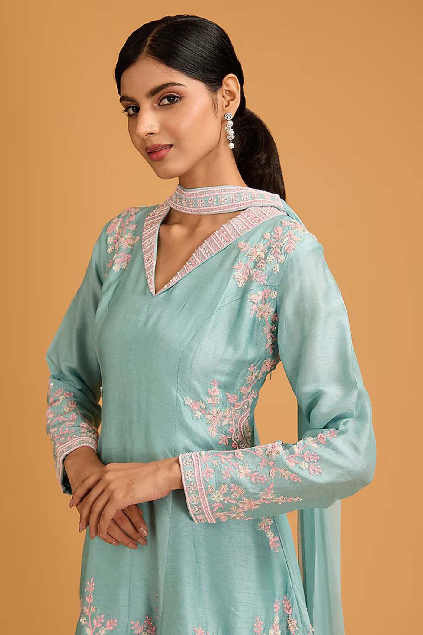 Powder Blue Short kalidar Suit with Sharara and Dupatta