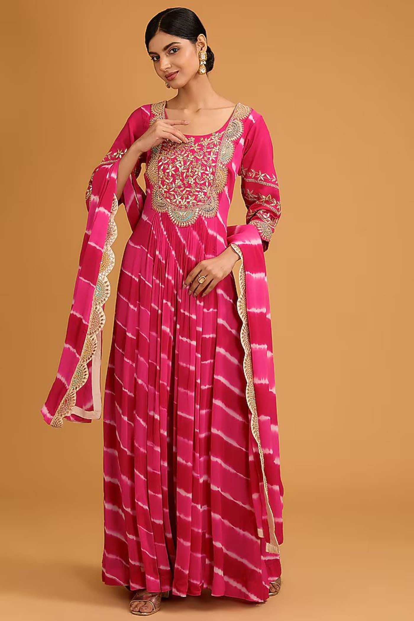 Fuchsia Pink Embroidered Tie & Dye Anarkali Suit with Dupatta