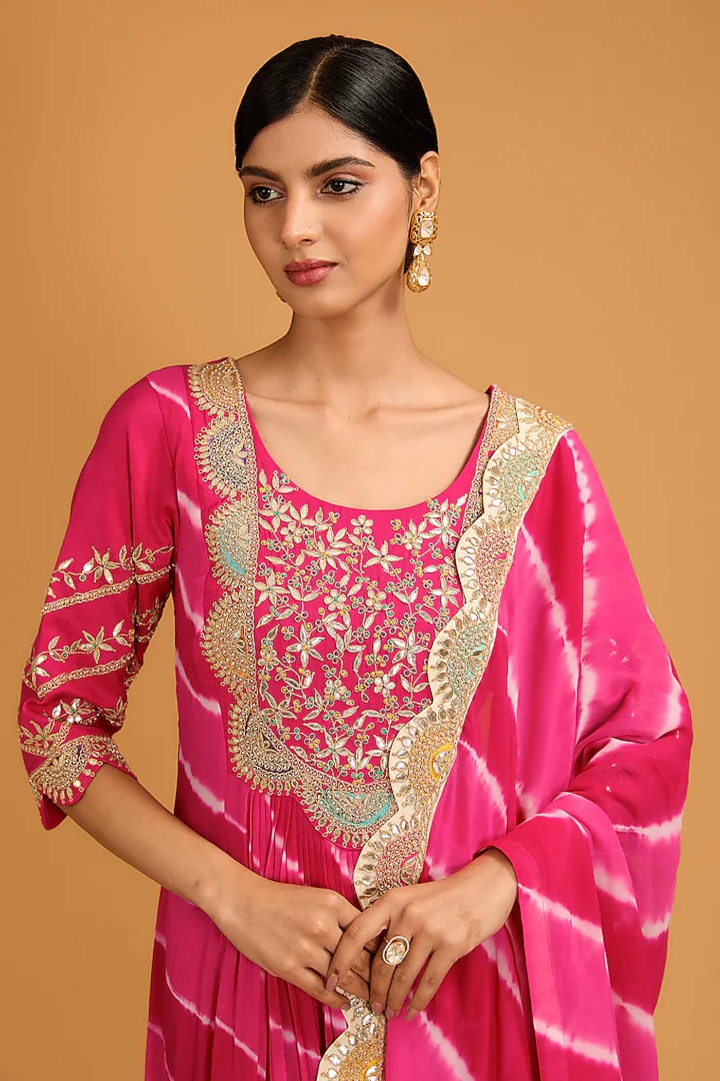 Fuchsia Pink Embroidered Tie & Dye Anarkali Suit with Dupatta