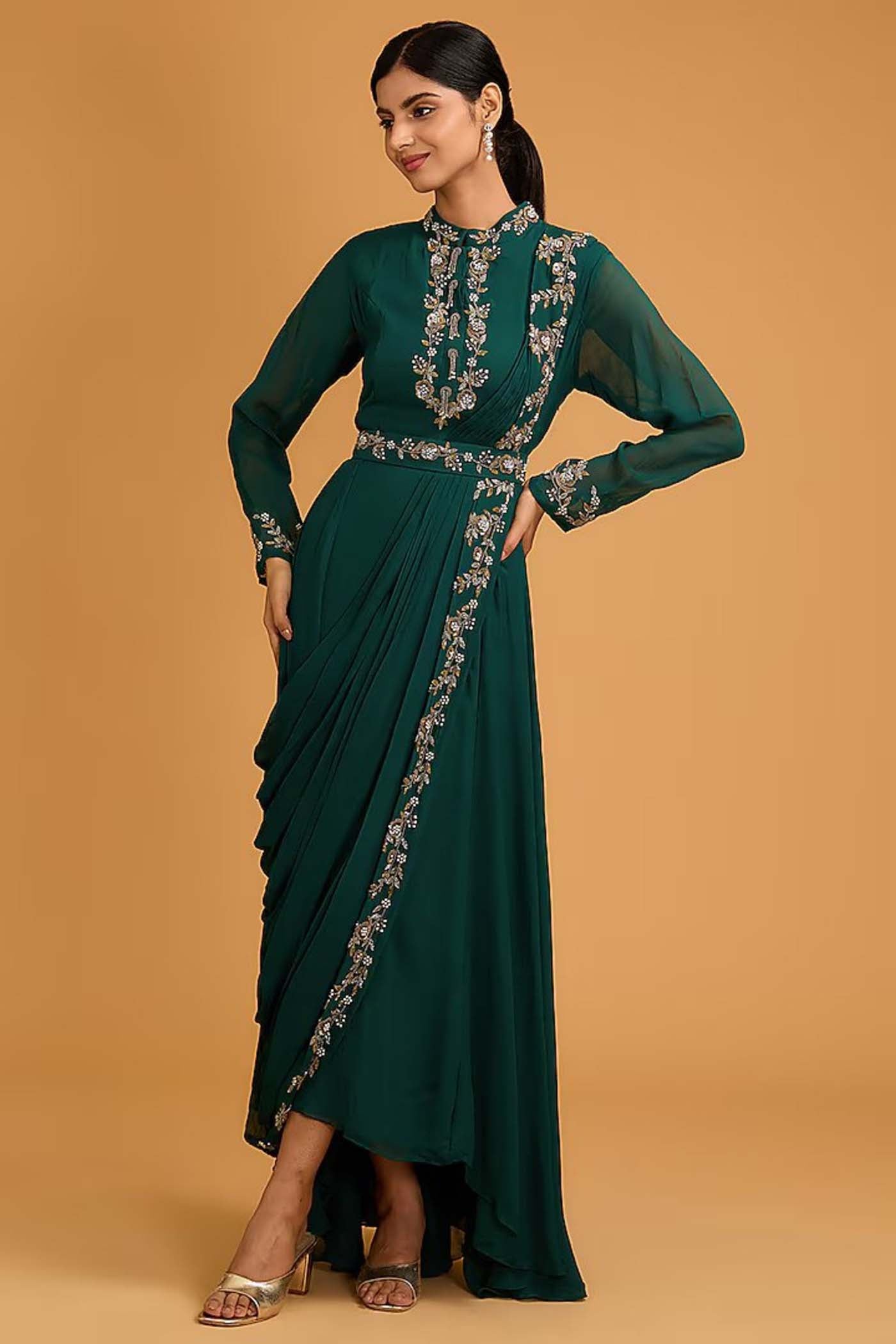 Bottle Green Draped pleated gown Comes with a same waist belt Bottle Green Draped pleated gown Comes with a same waist belt
