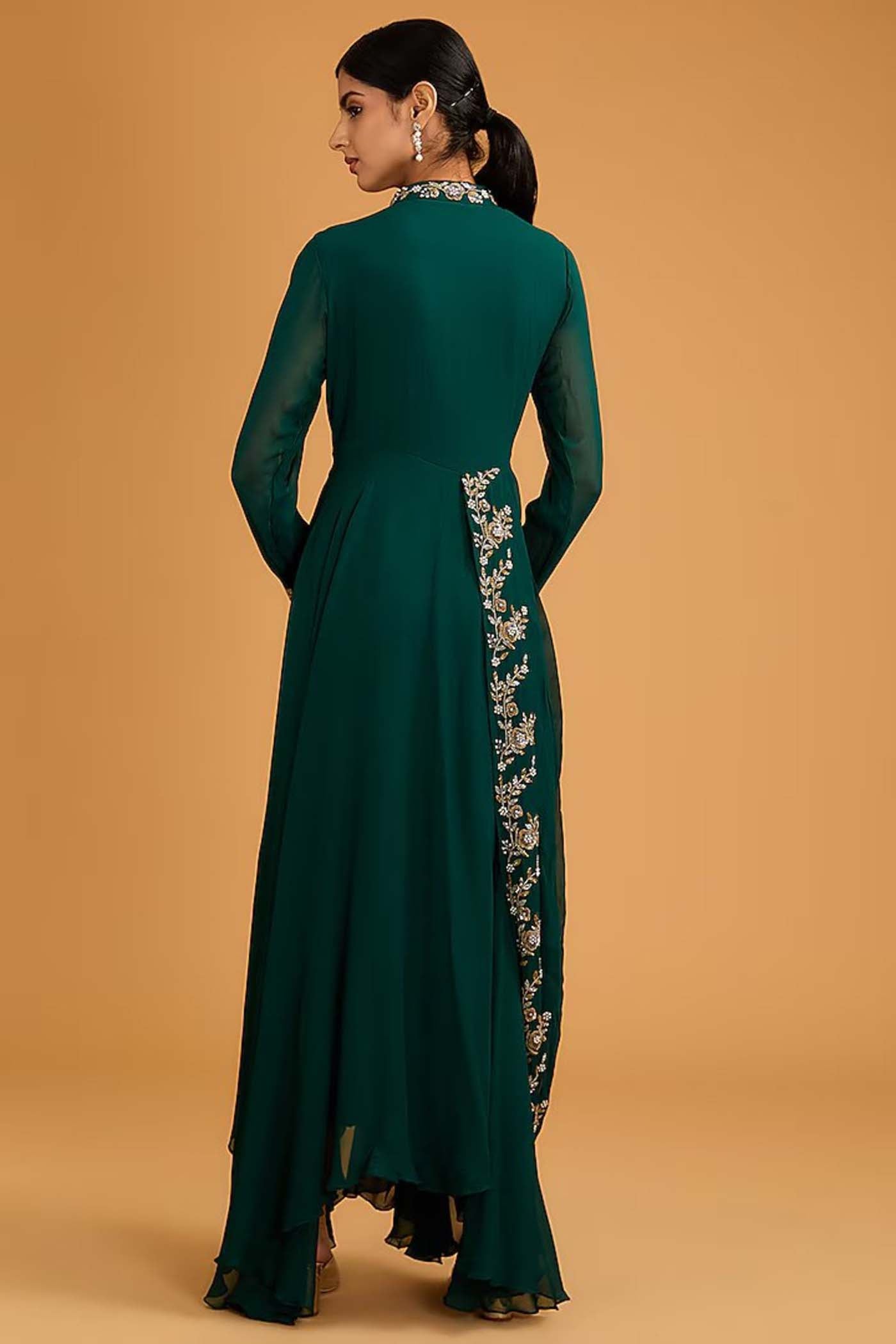 Bottle Green Draped pleated gown Comes with a same waist belt