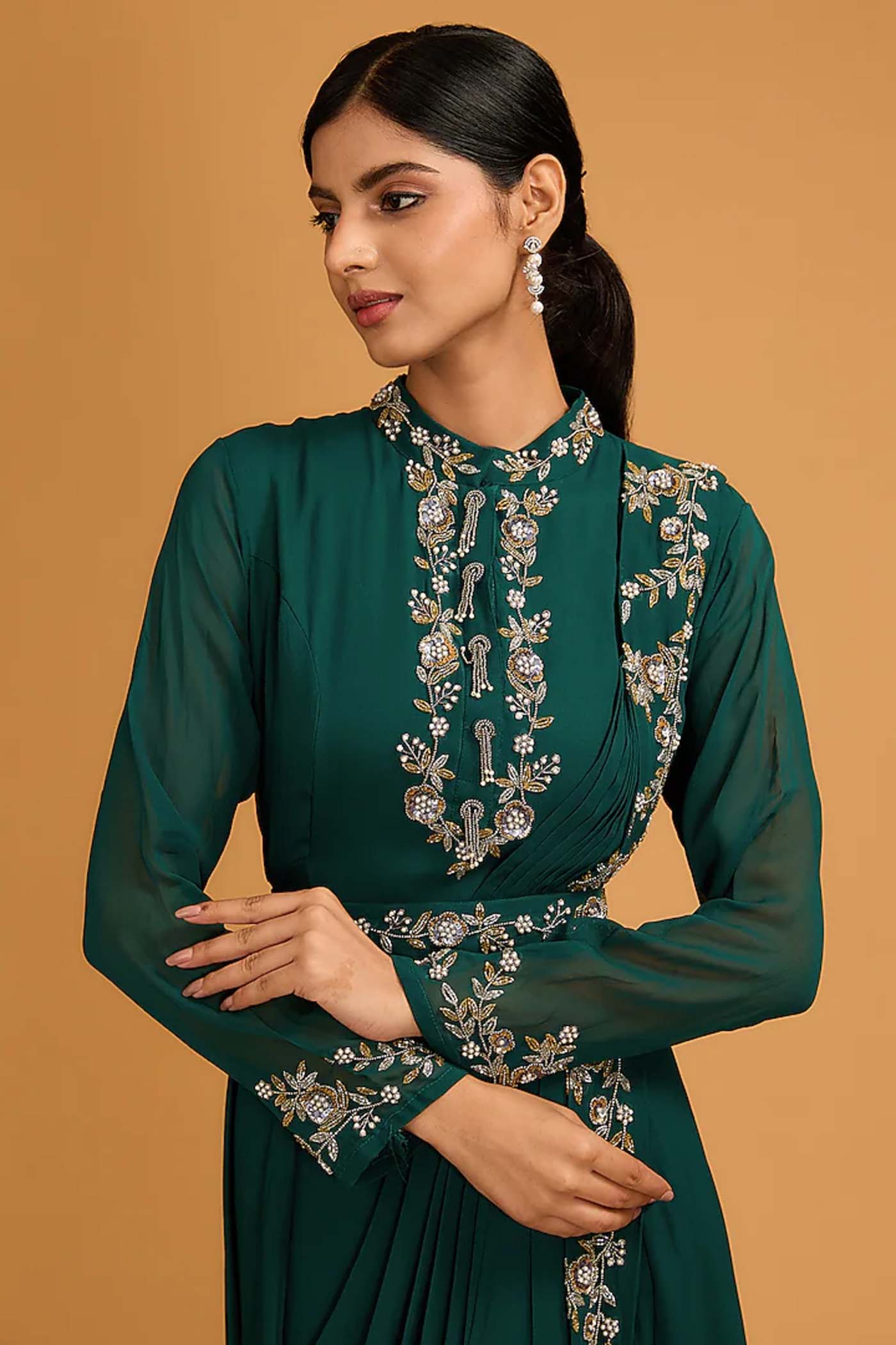 Bottle Green Draped pleated gown Comes with a same waist belt