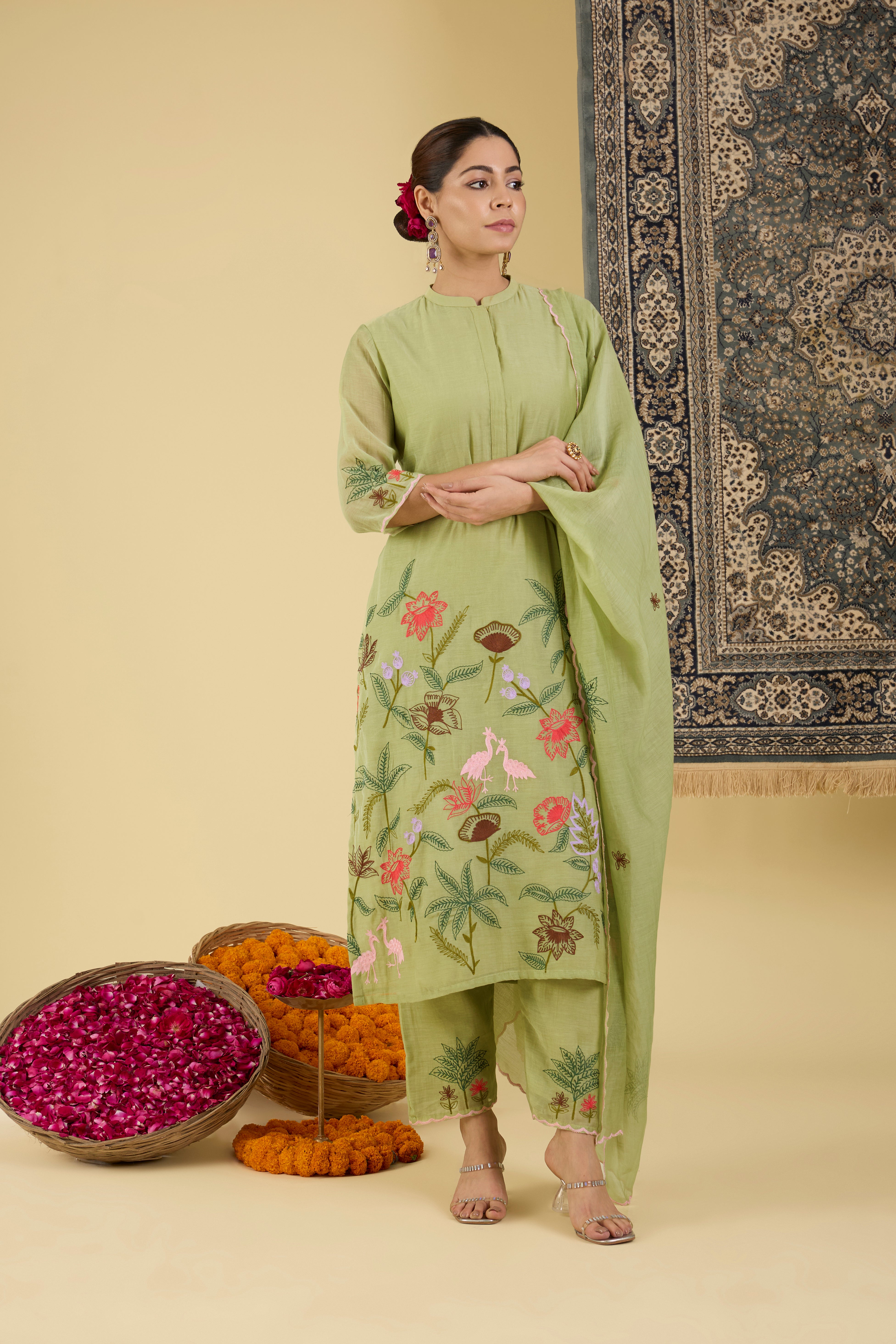 Sage Green Floral Embroidered Kurta Pant Set .