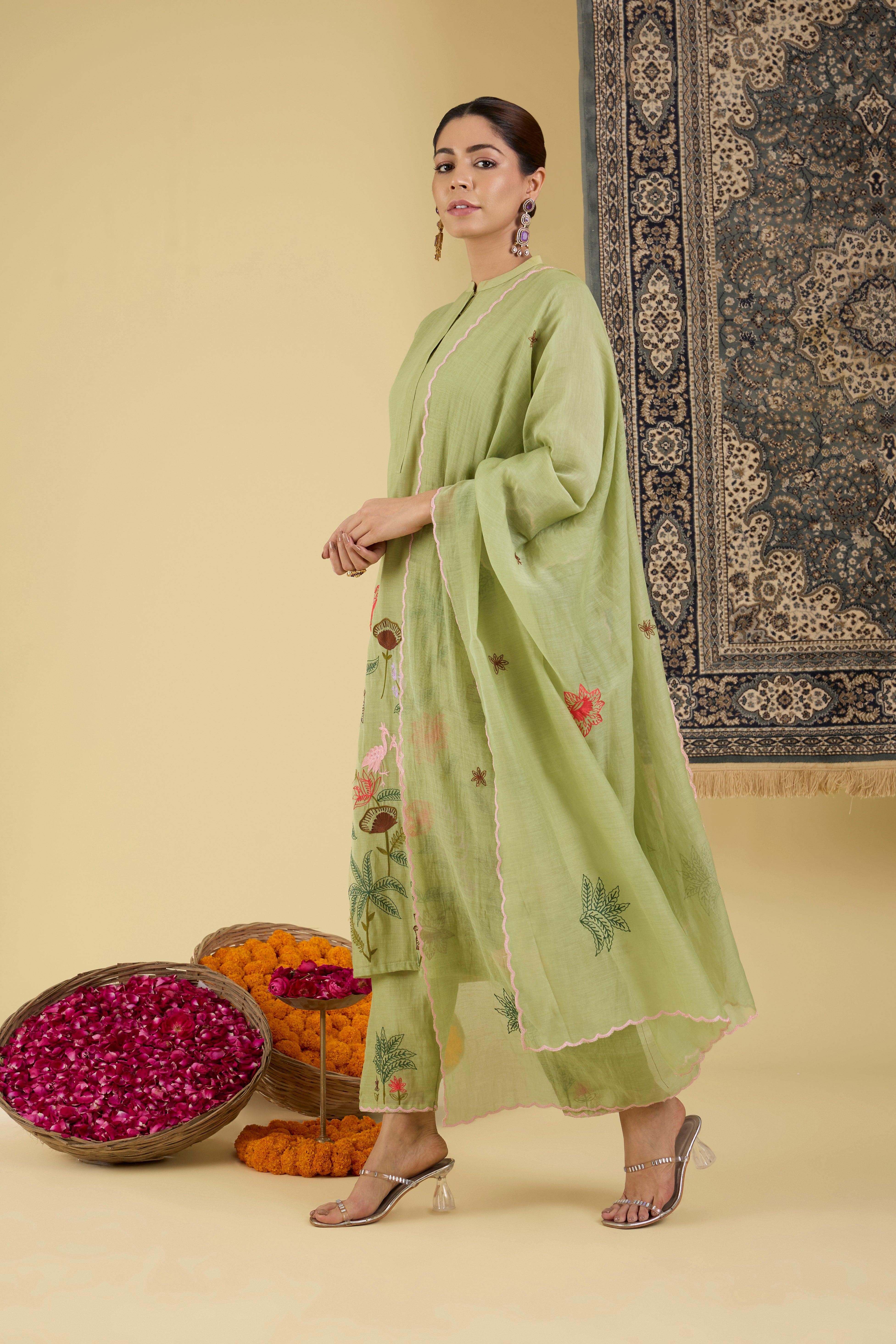 Sage Green Floral Embroidered Kurta Pant Set .