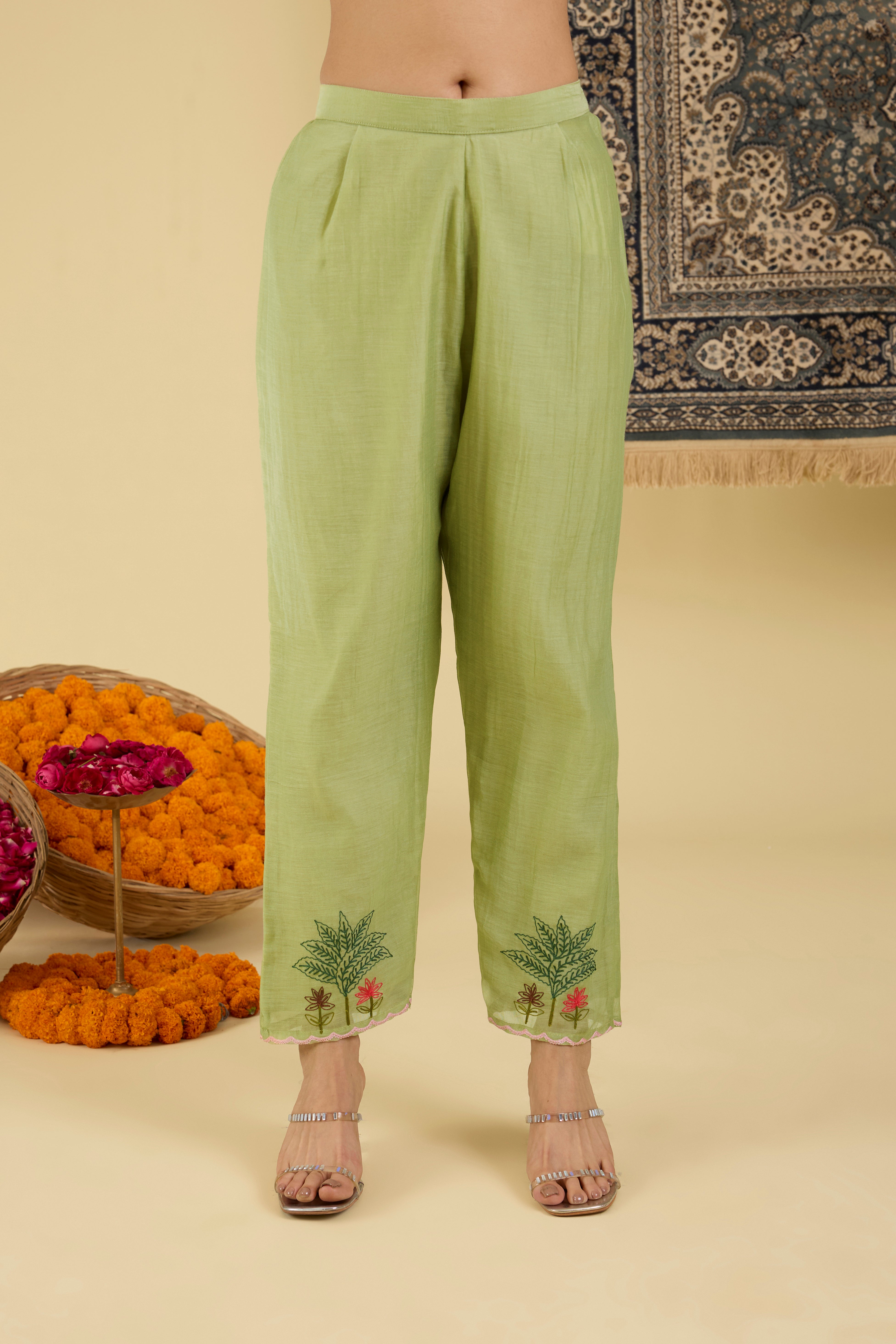 Sage Green Floral Embroidered Kurta Pant Set .