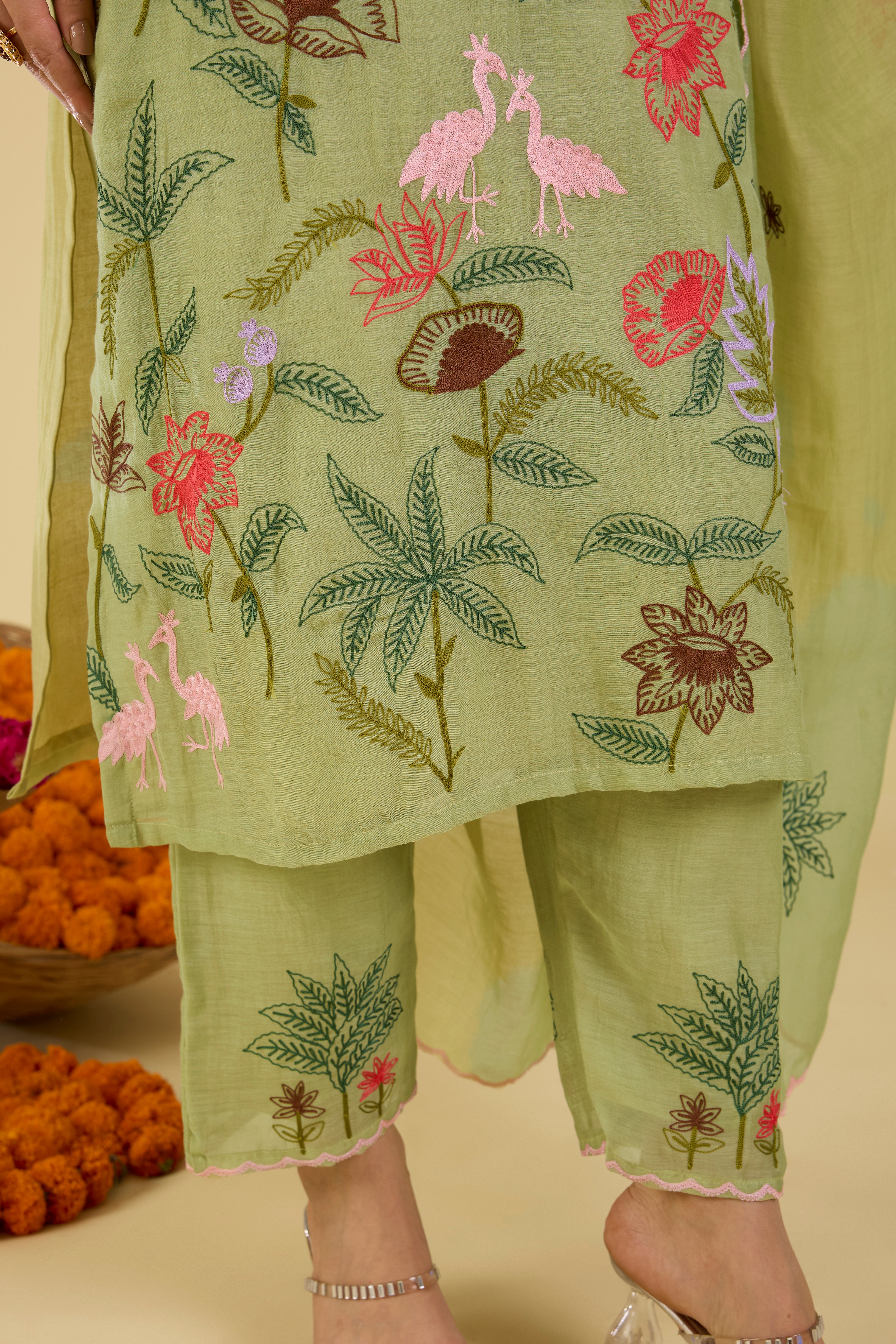 Sage Green Floral Embroidered Kurta Pant Set .