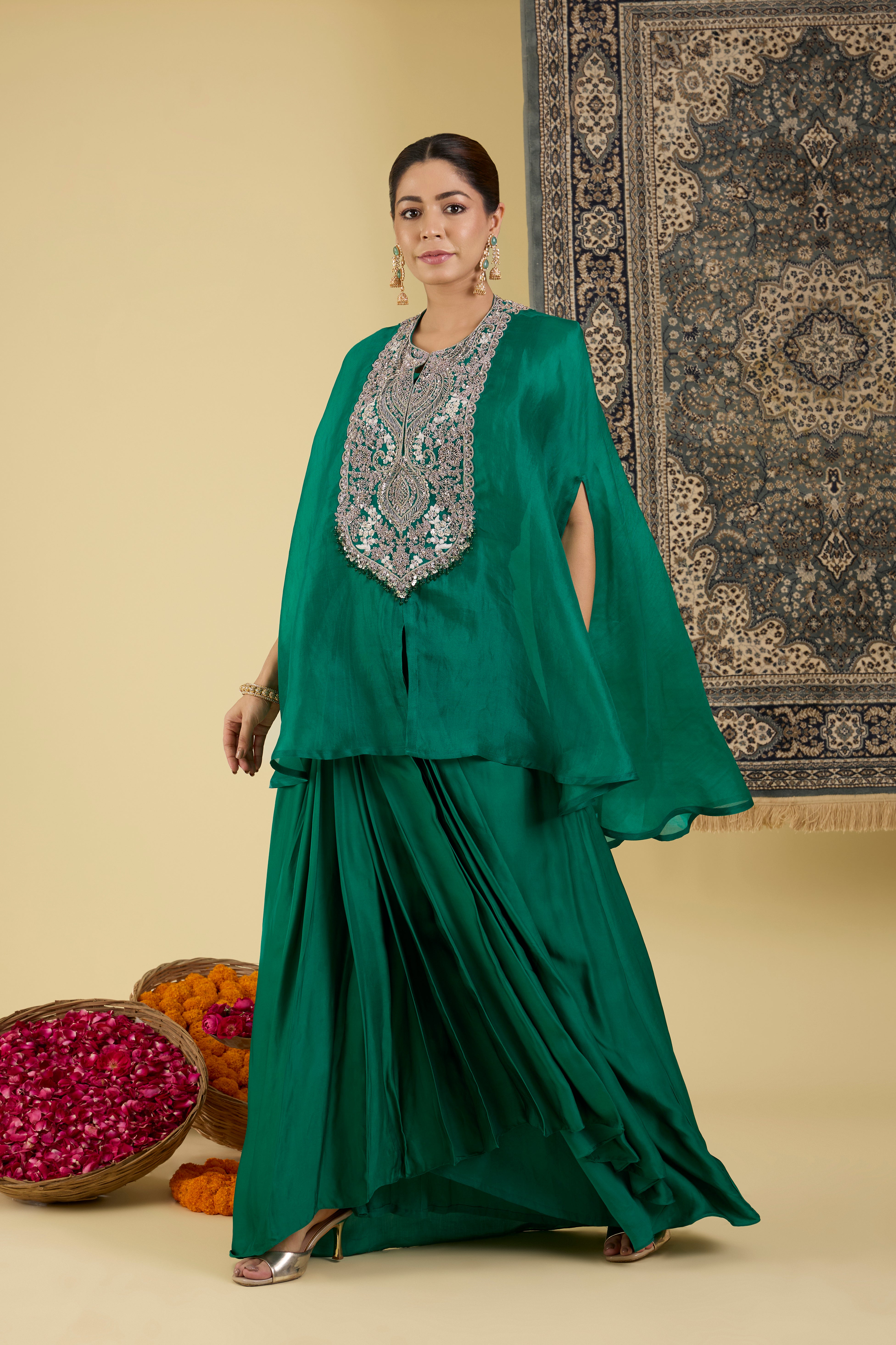 Emerald Hand-Embroidered Cape Set .