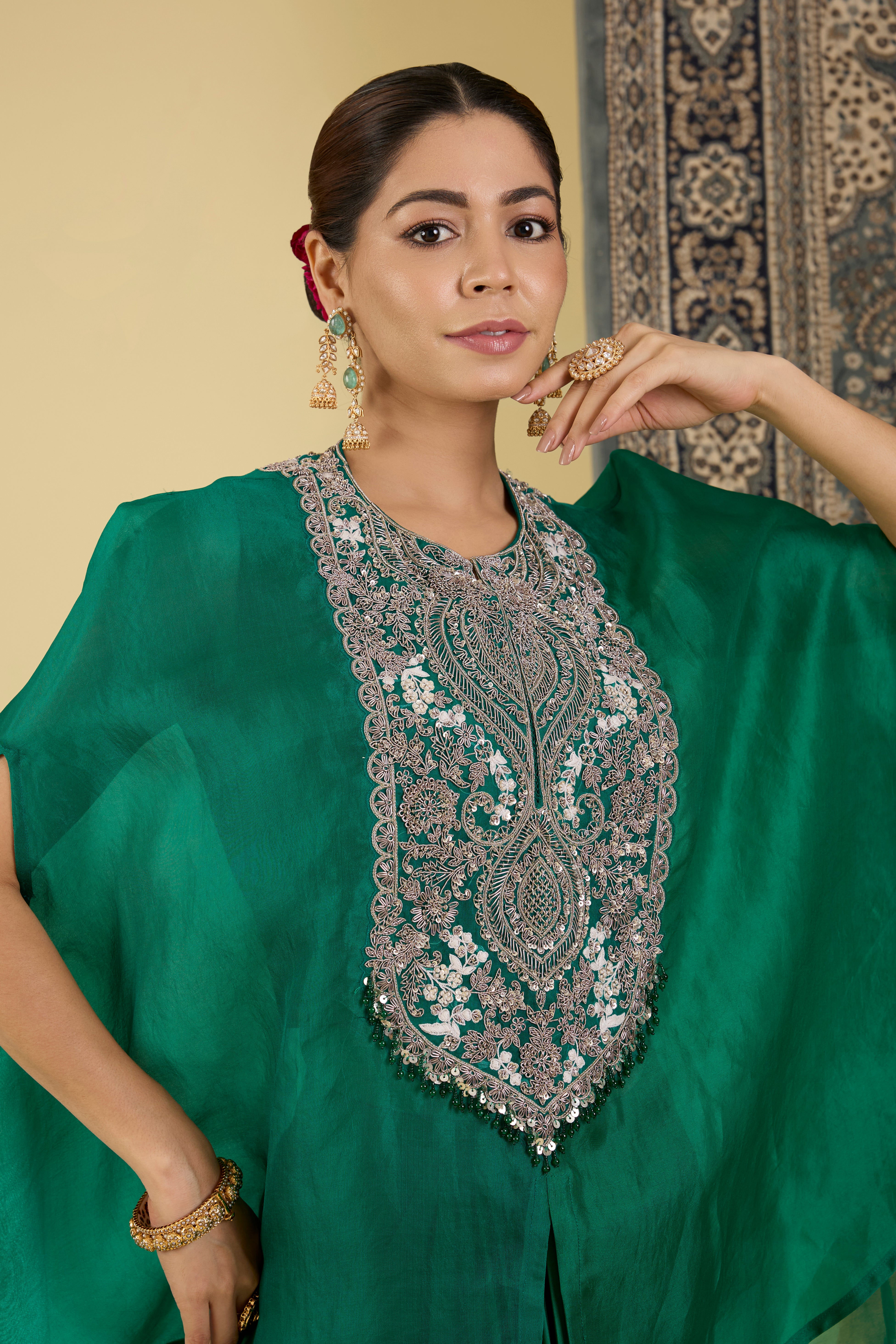 Emerald Hand-Embroidered Cape Set .