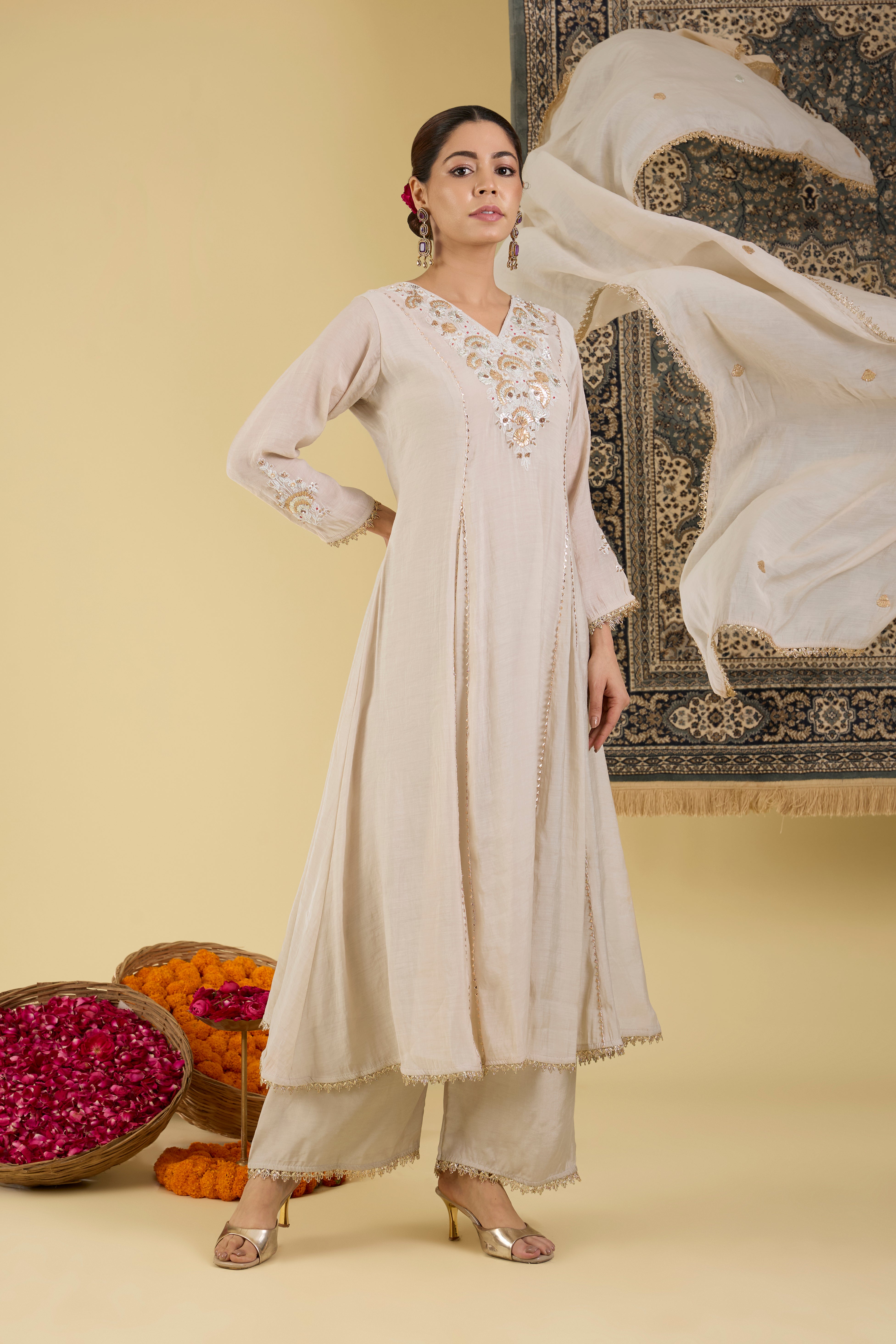 Elegant grey Embroidered Anarkali Suit Set.