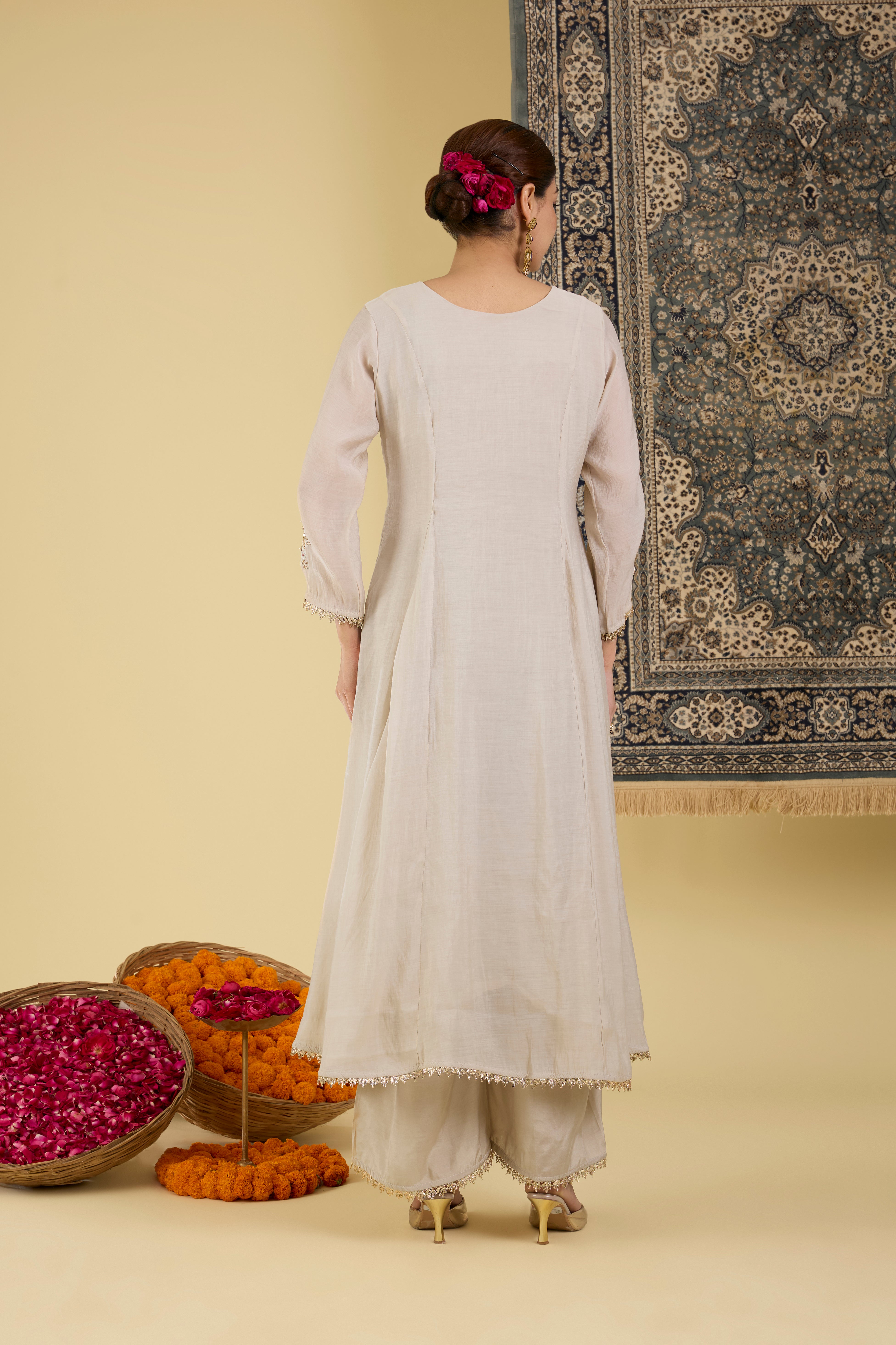 Elegant grey Embroidered Anarkali Suit Set.