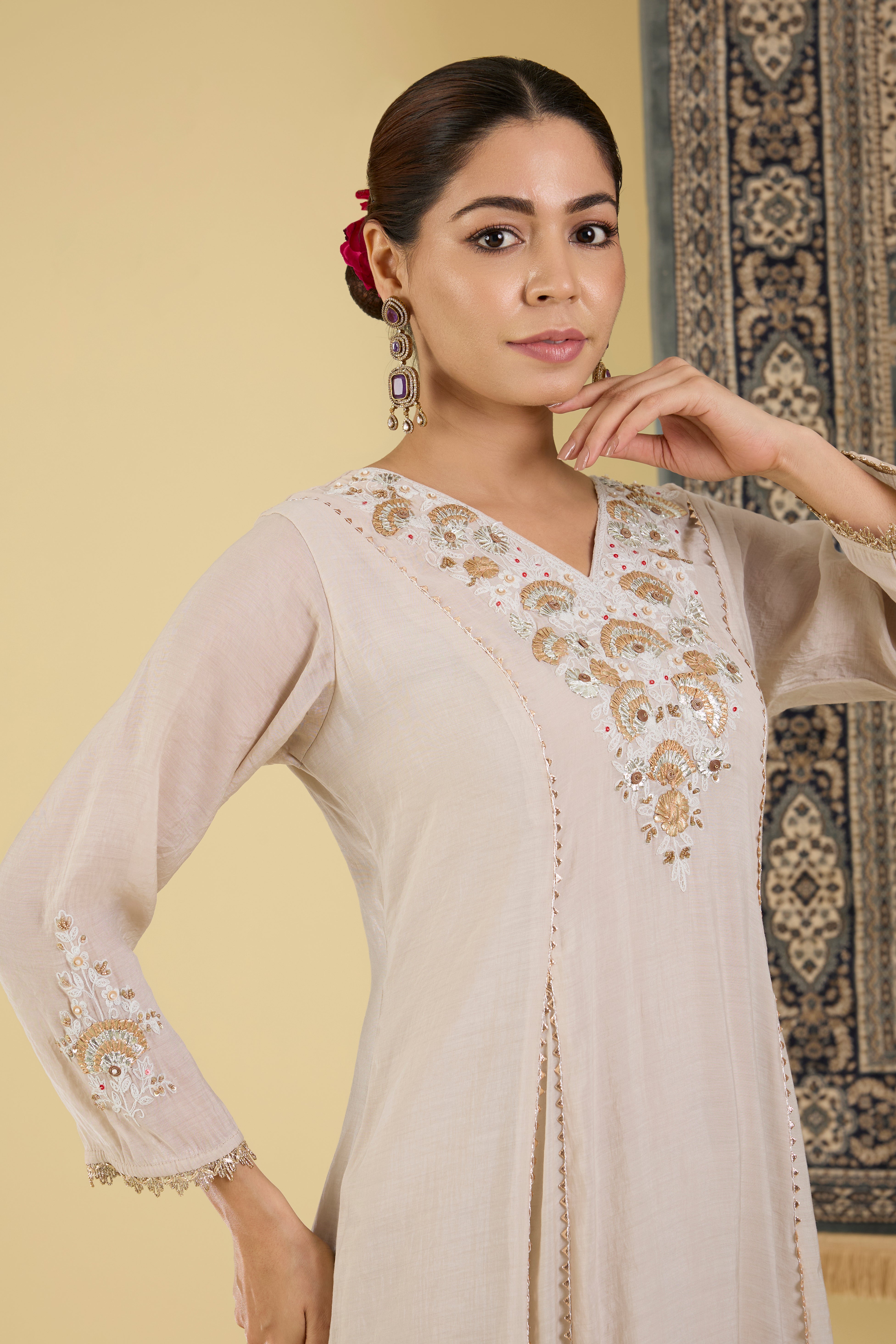 Elegant grey Embroidered Anarkali Suit Set.
