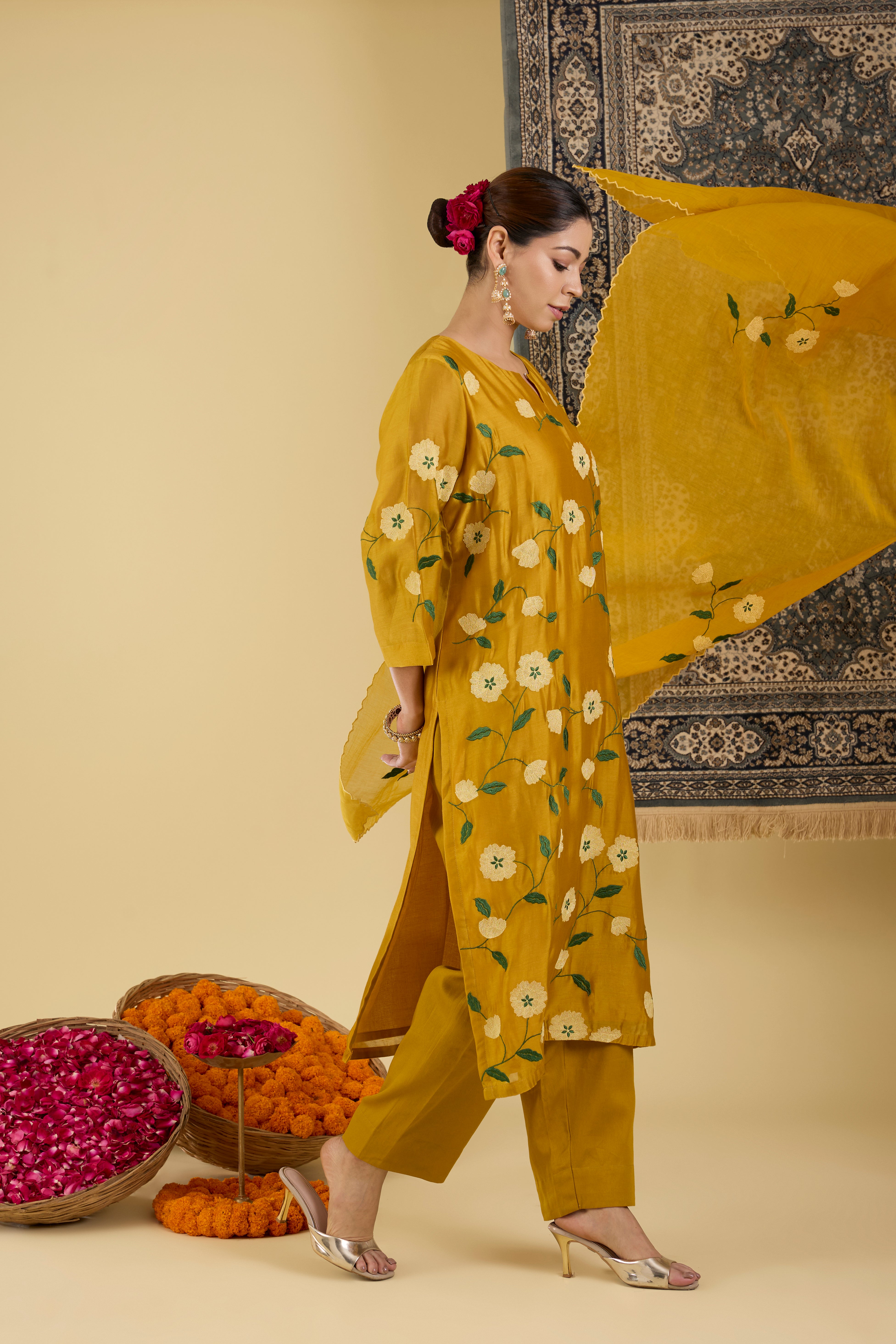 Mustard Floral Embroidered Kurta Pant Set.