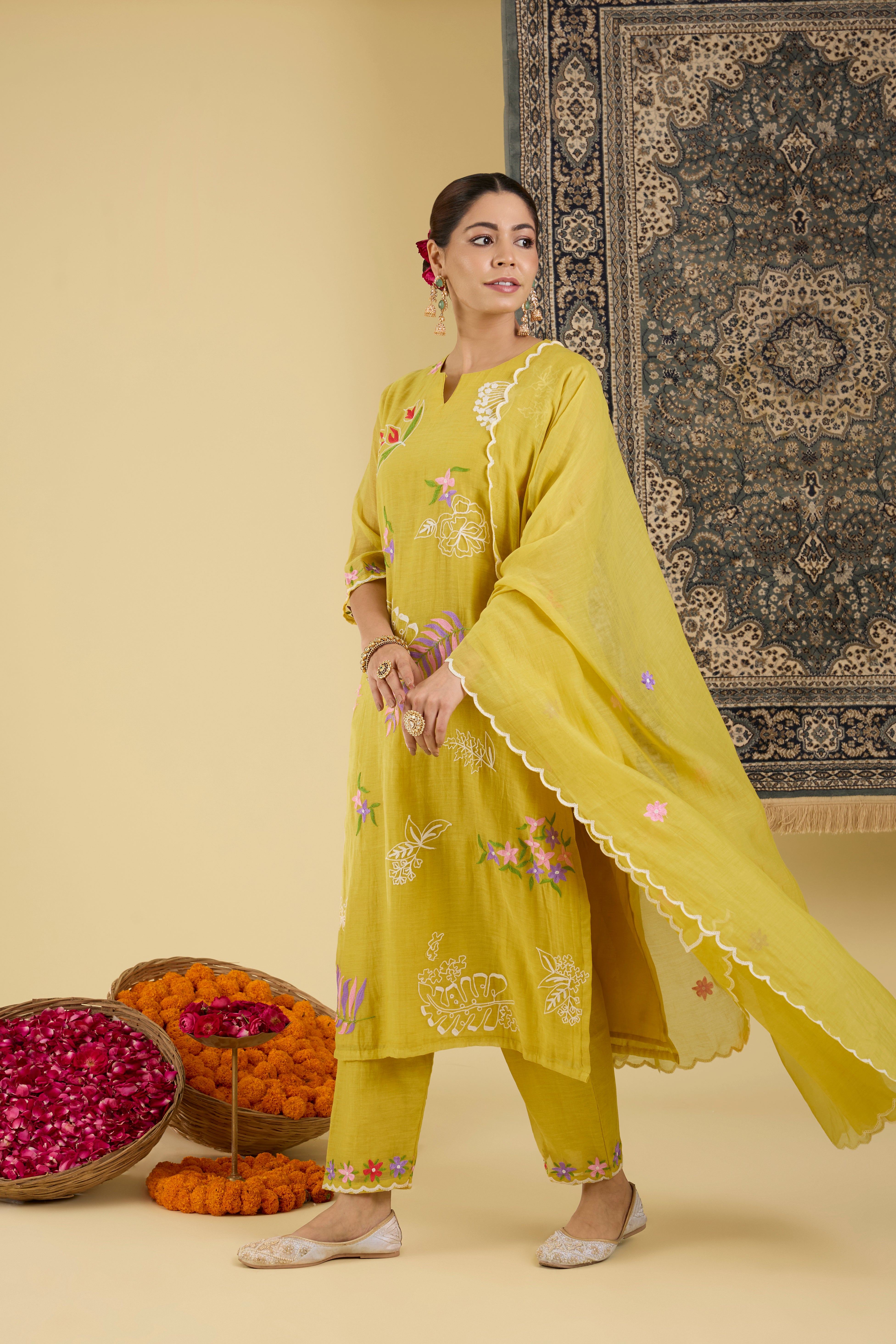 Yellow Floral Embroidered Kurta