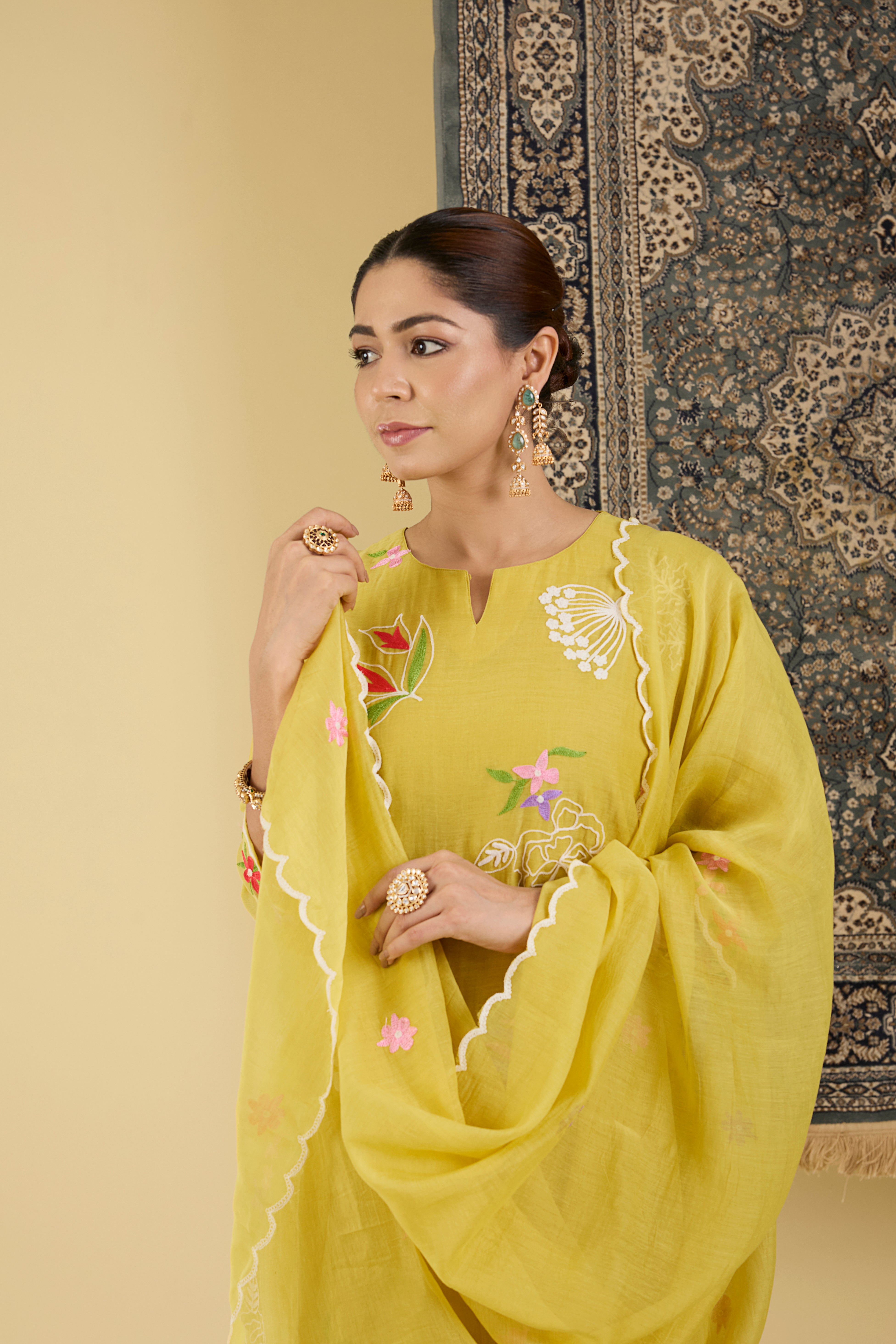 Yellow Floral Embroidered Kurta
