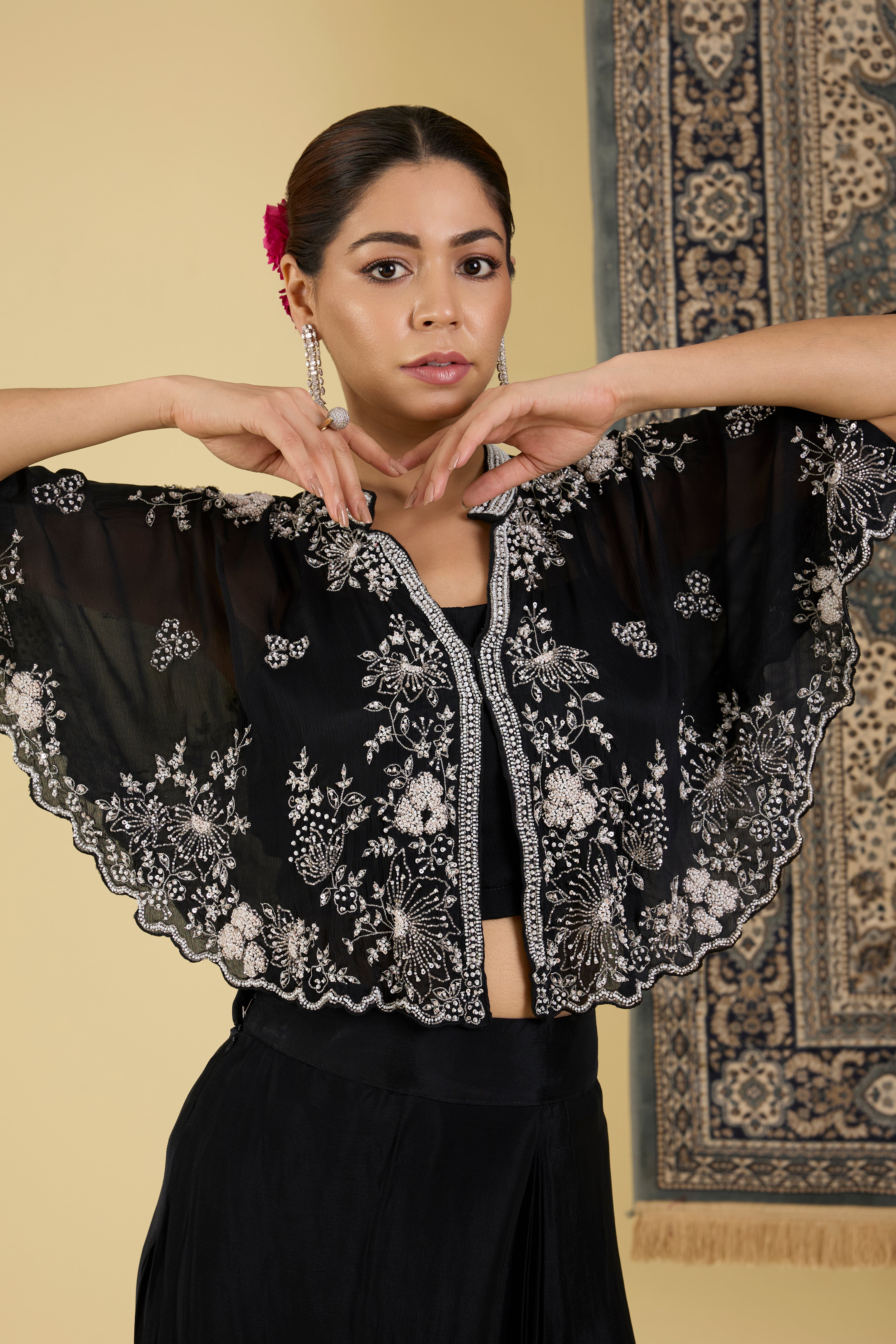 Elegant Noir Embroidered Drape Set