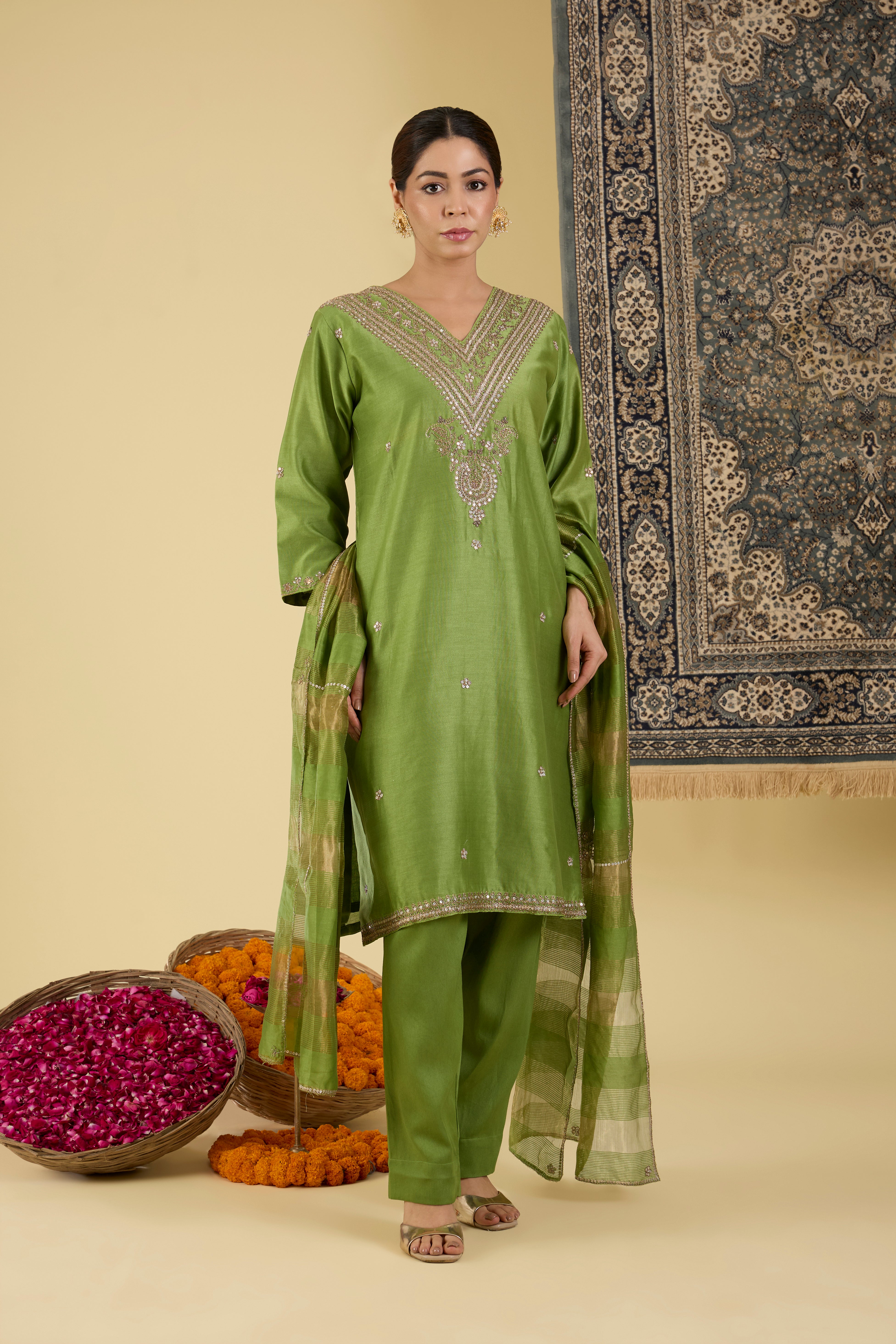 Olive Green Hand-Embroidered Kurta Set