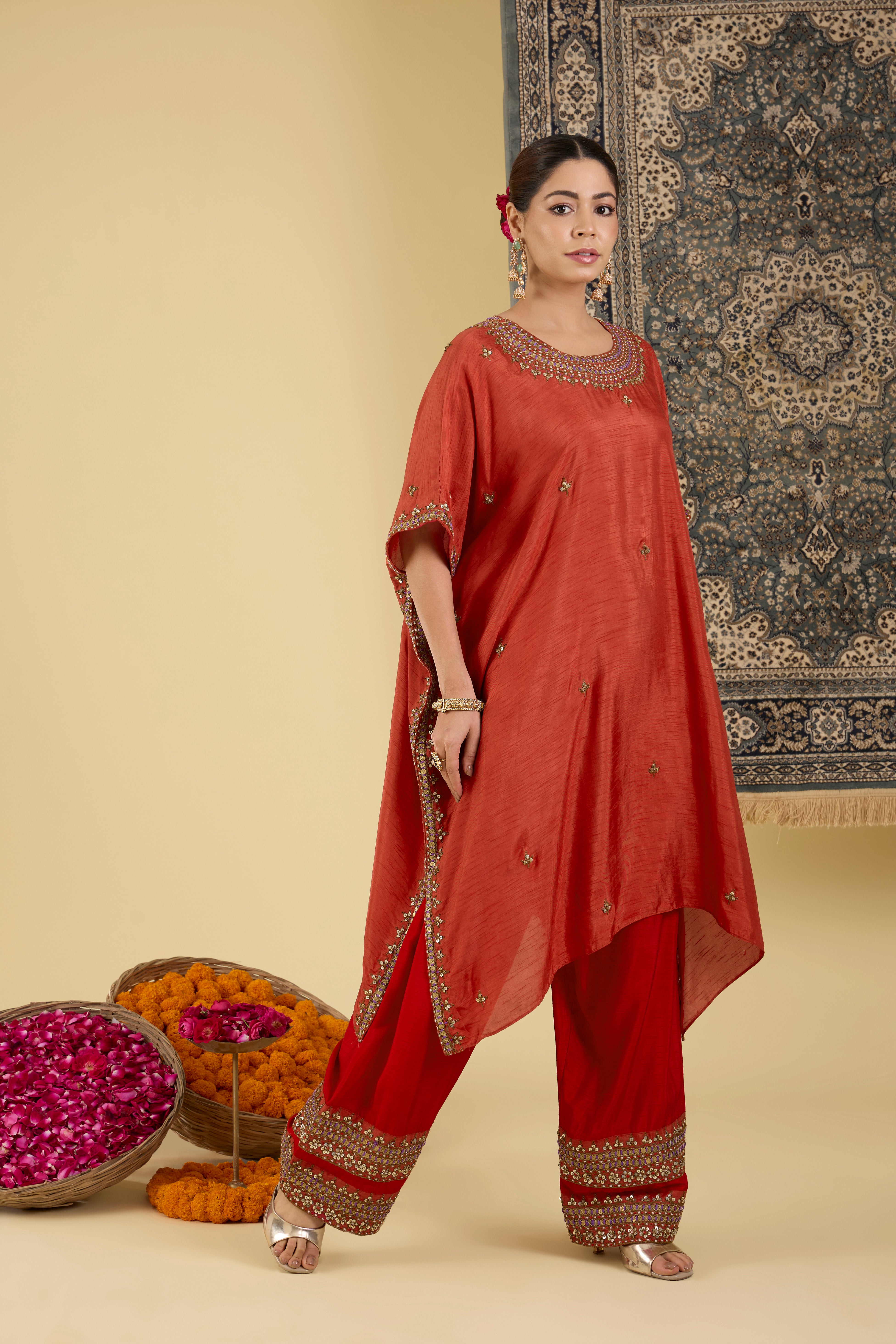 Ruby Red Embellished Kaftan Set