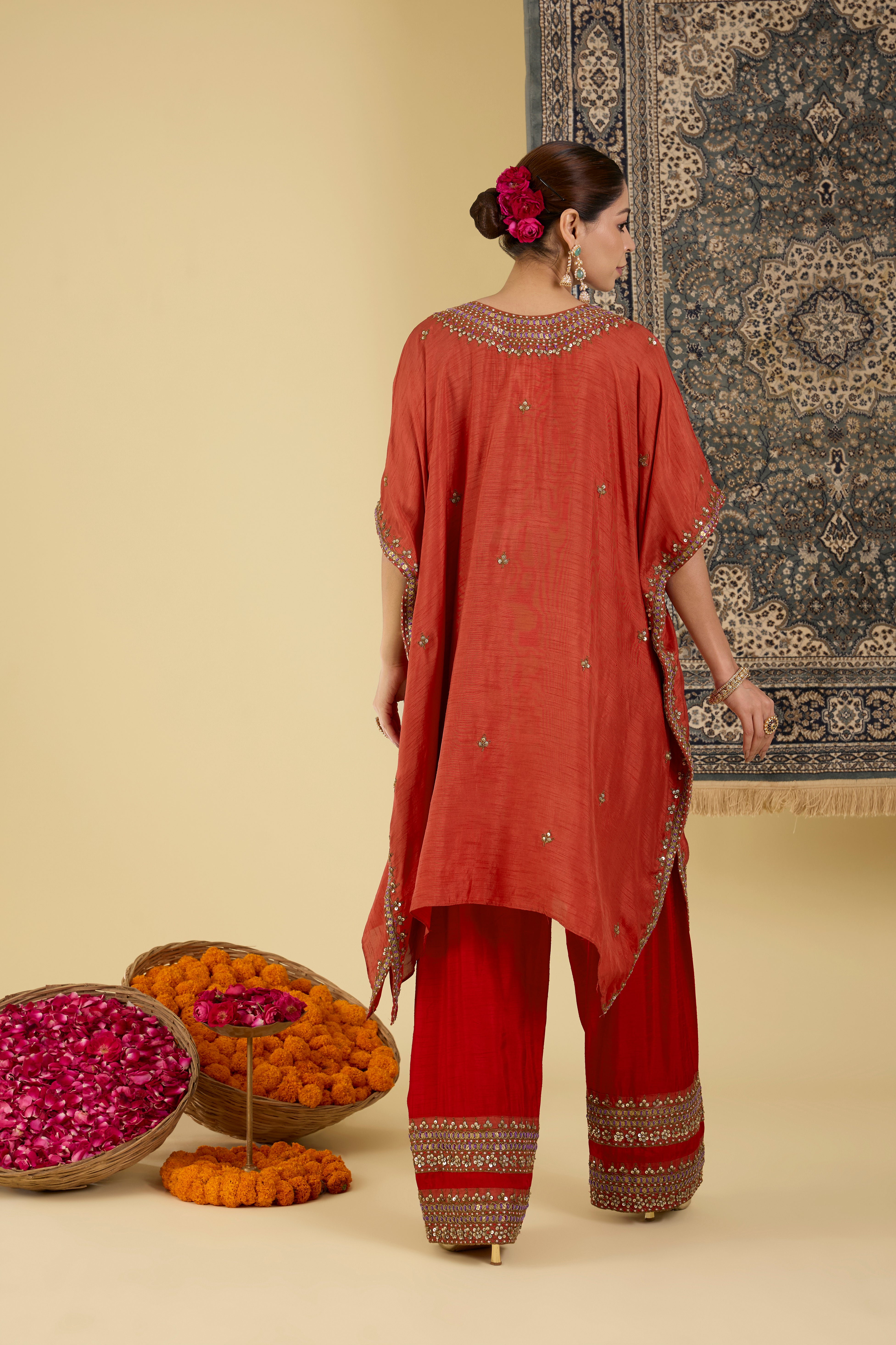 Ruby Red Embellished Kaftan Set