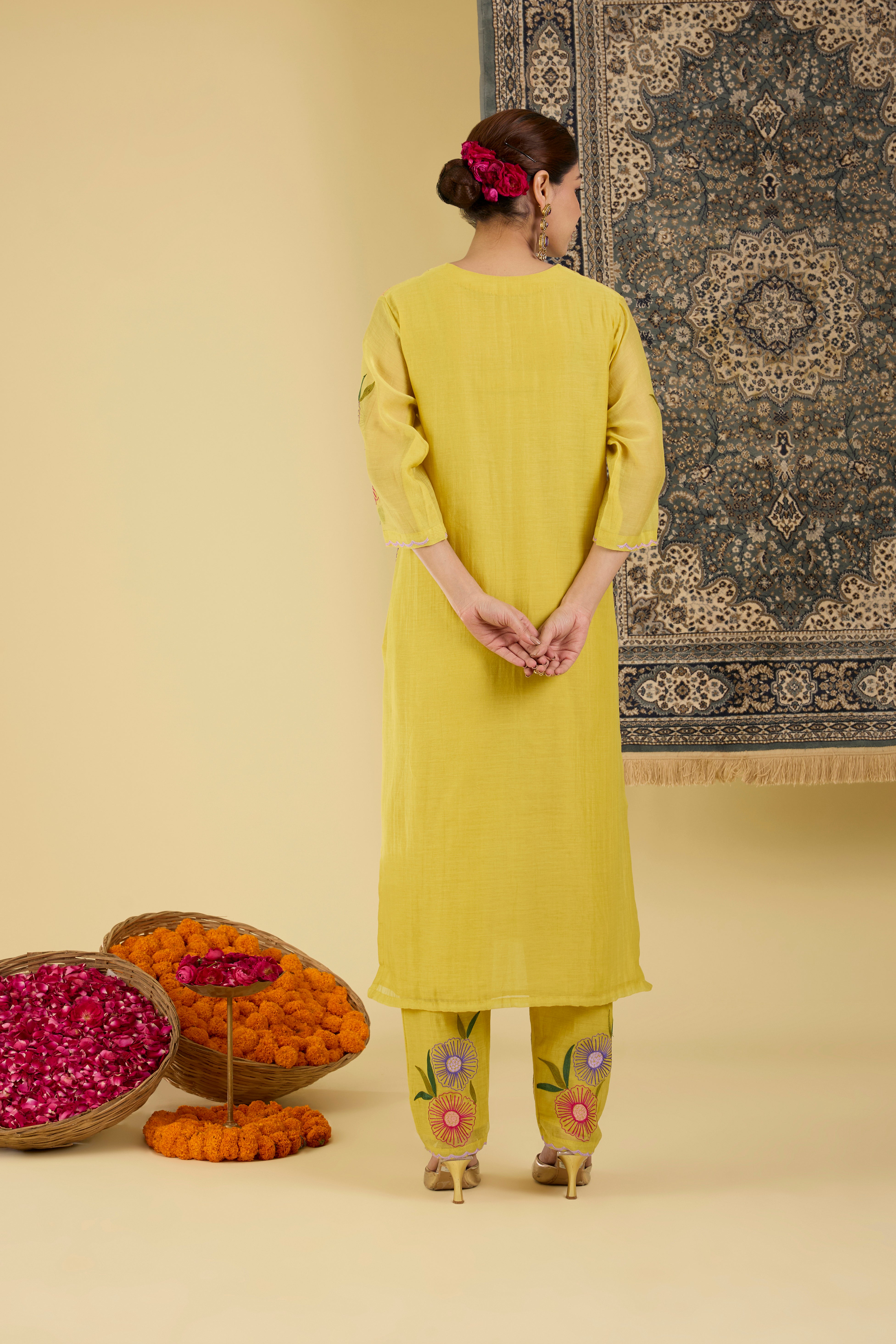 Yellow Floral Embroidered Kurta with straight pant and dupatta.