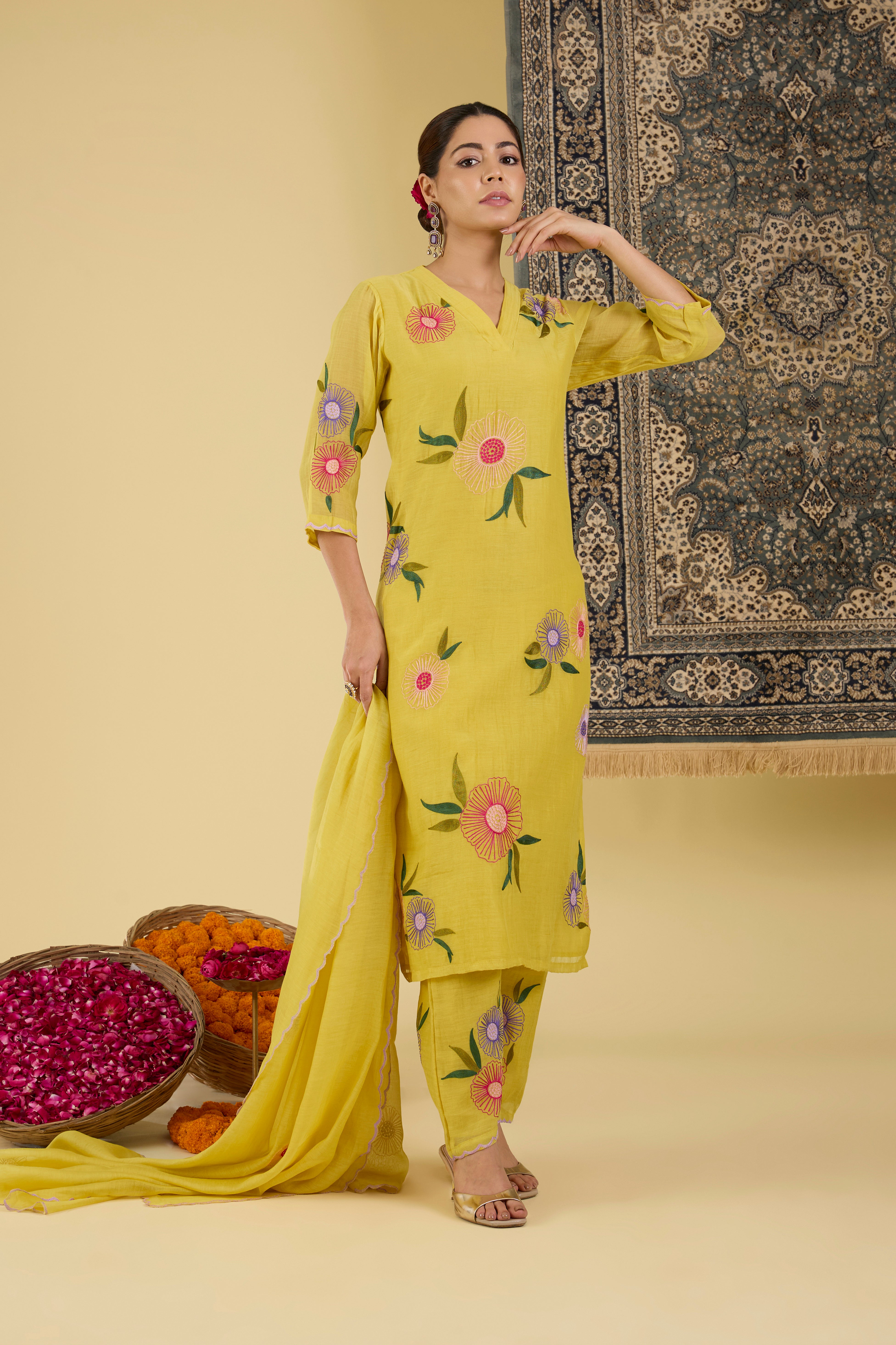 Yellow Floral Embroidered Kurta with straight pant and dupatta.