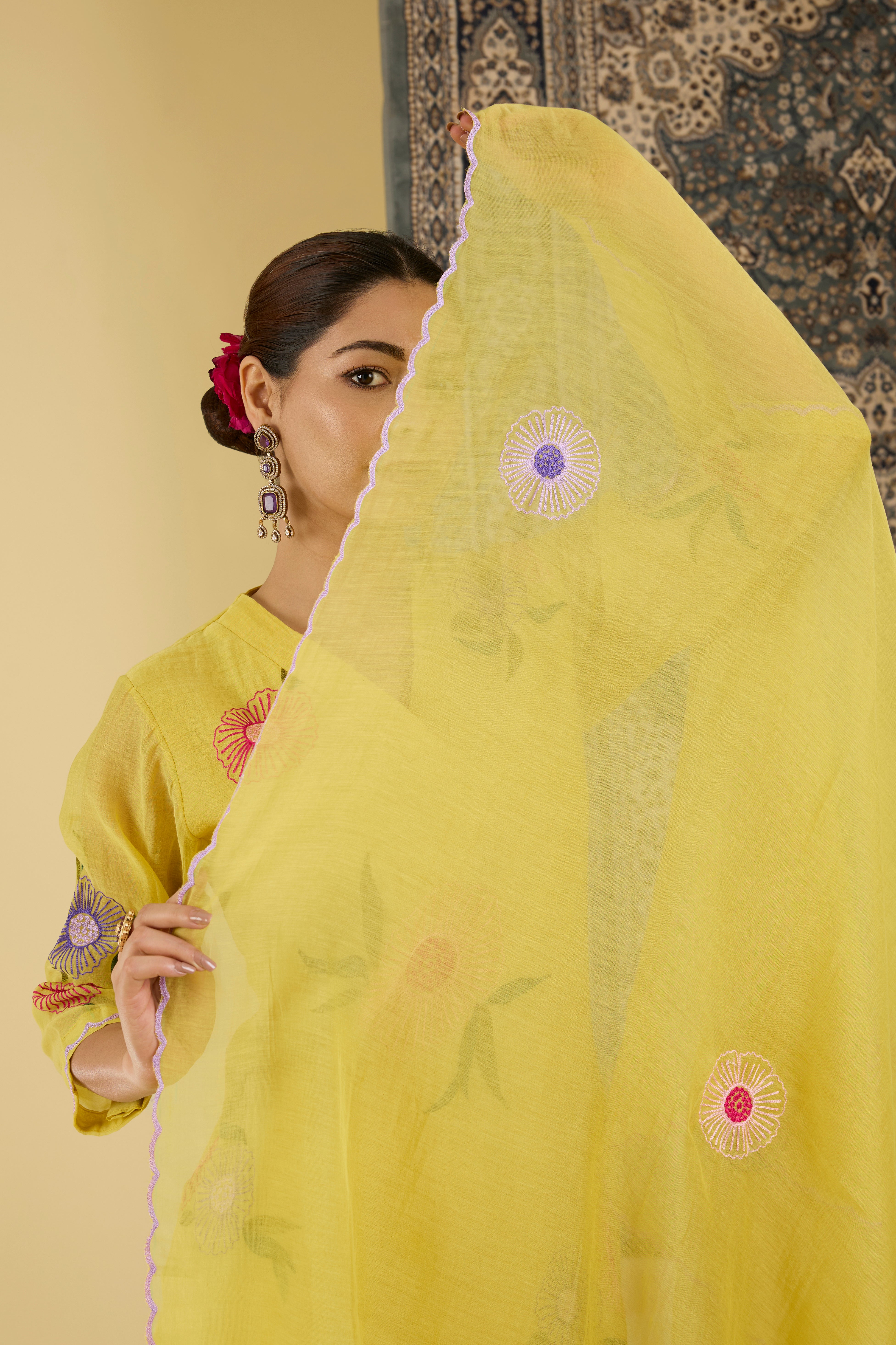 Yellow Floral Embroidered Kurta with straight pant and dupatta.
