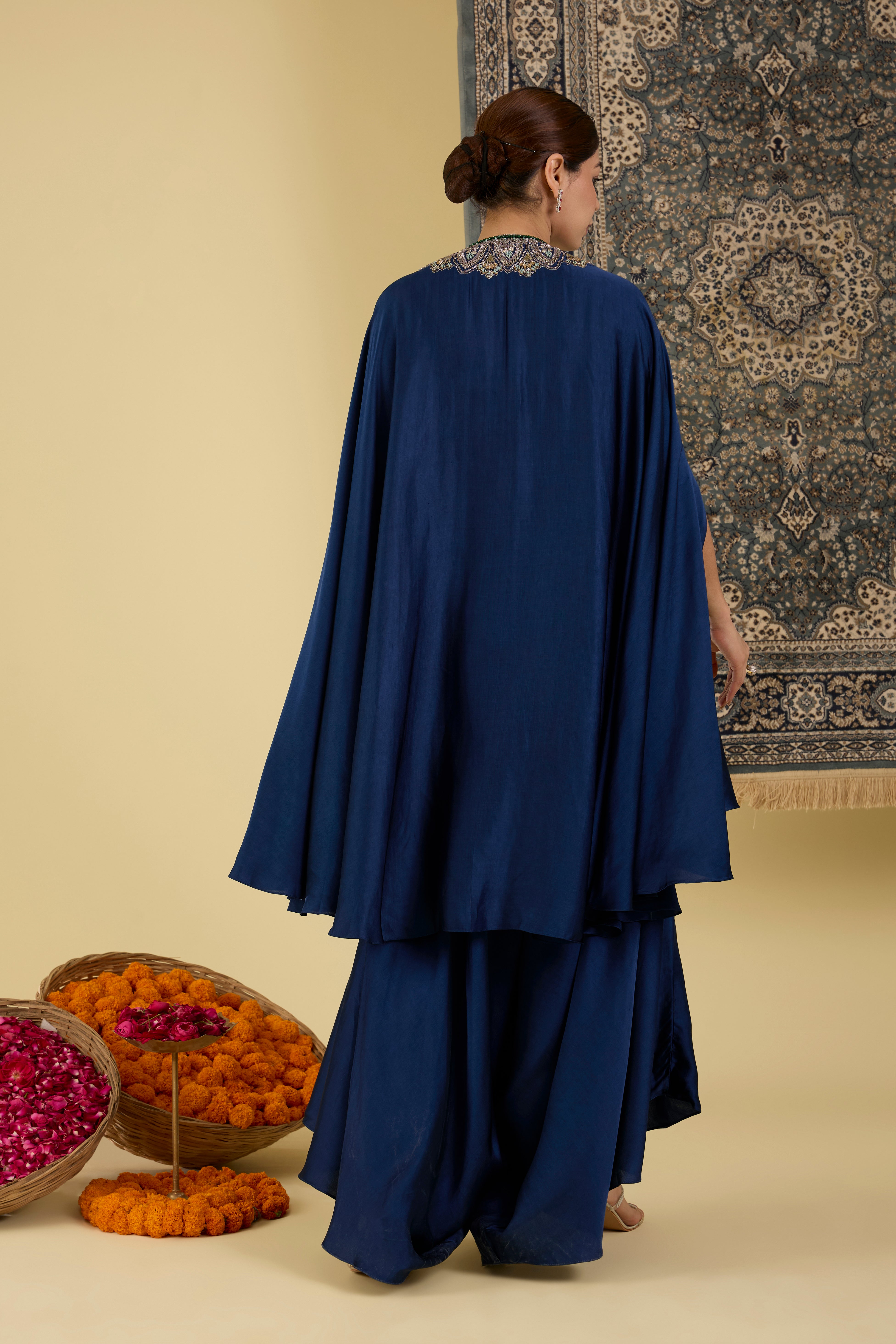 Teal Blue Embroidered Cape Set