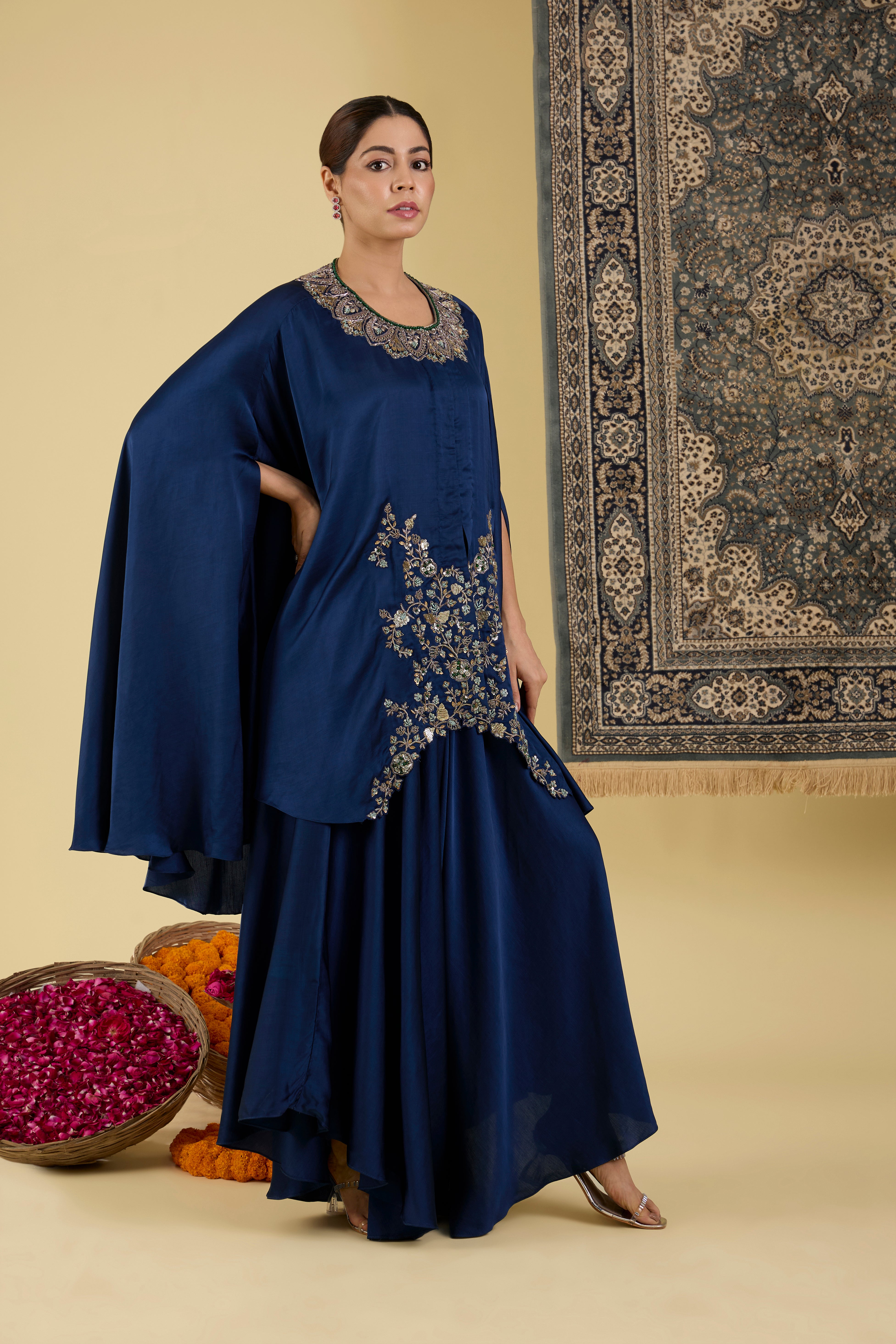 Teal Blue Embroidered Cape Set