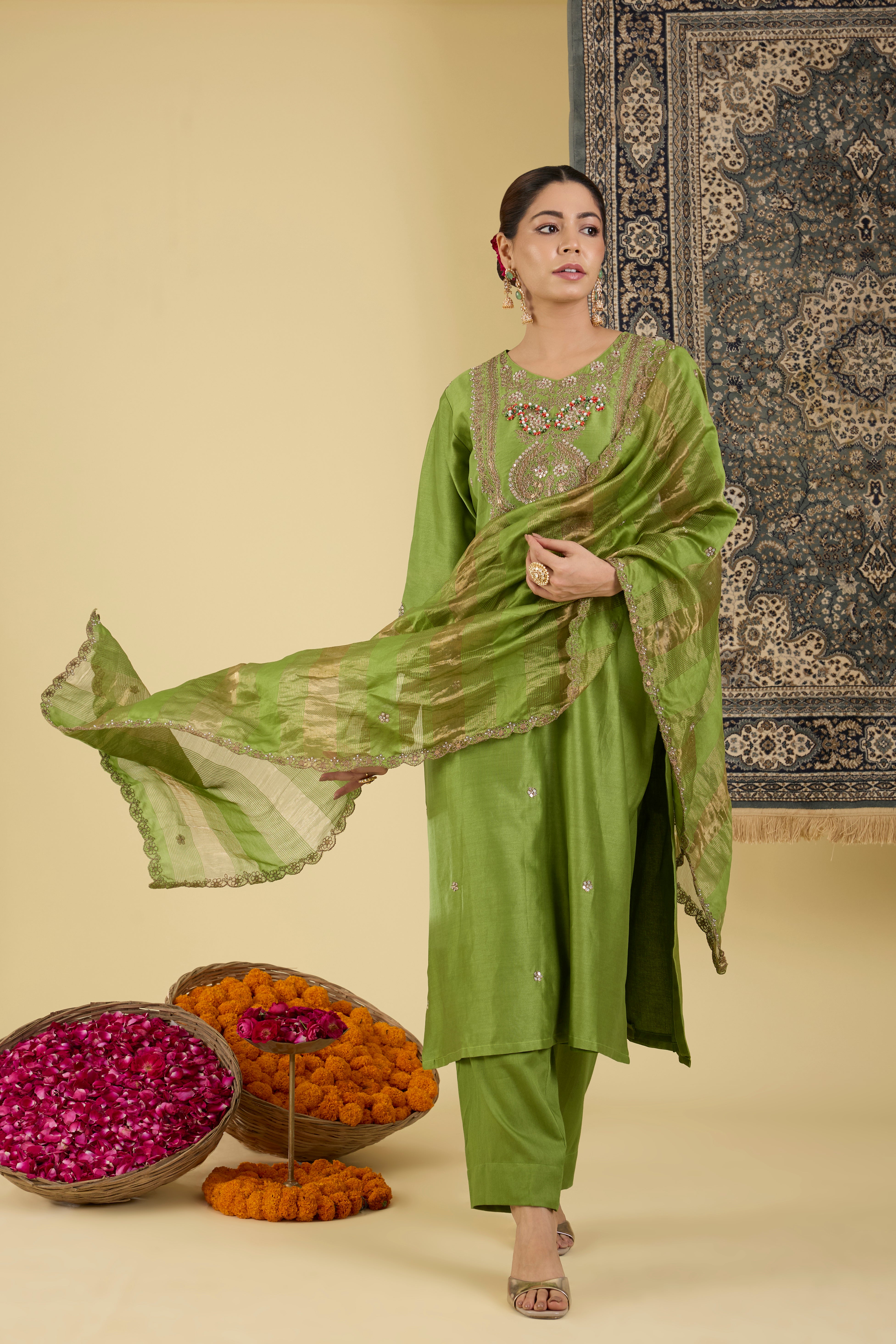 Olive Green Embroidered Festive Kurta Set .