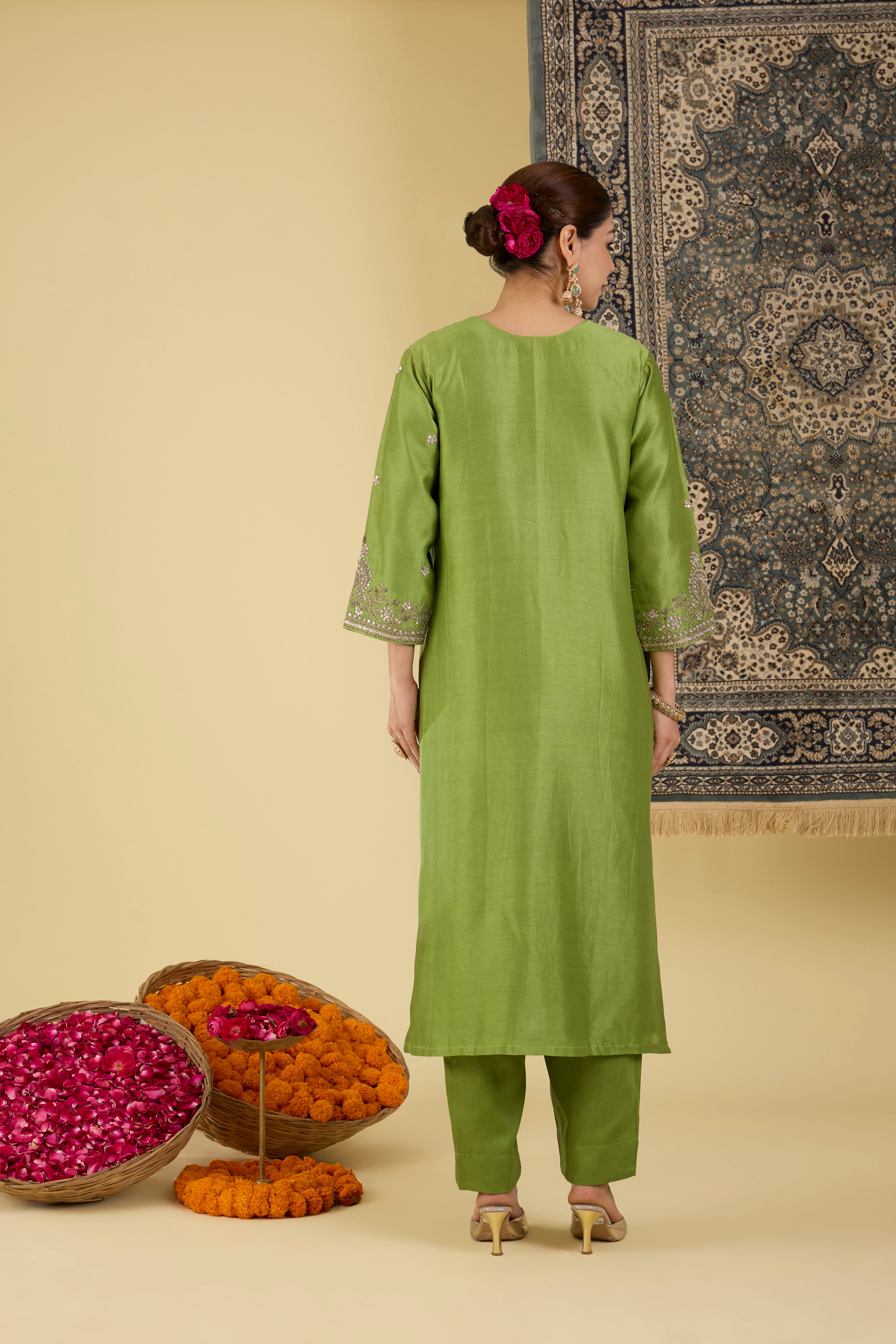 Olive Green Embroidered Festive Kurta Set .