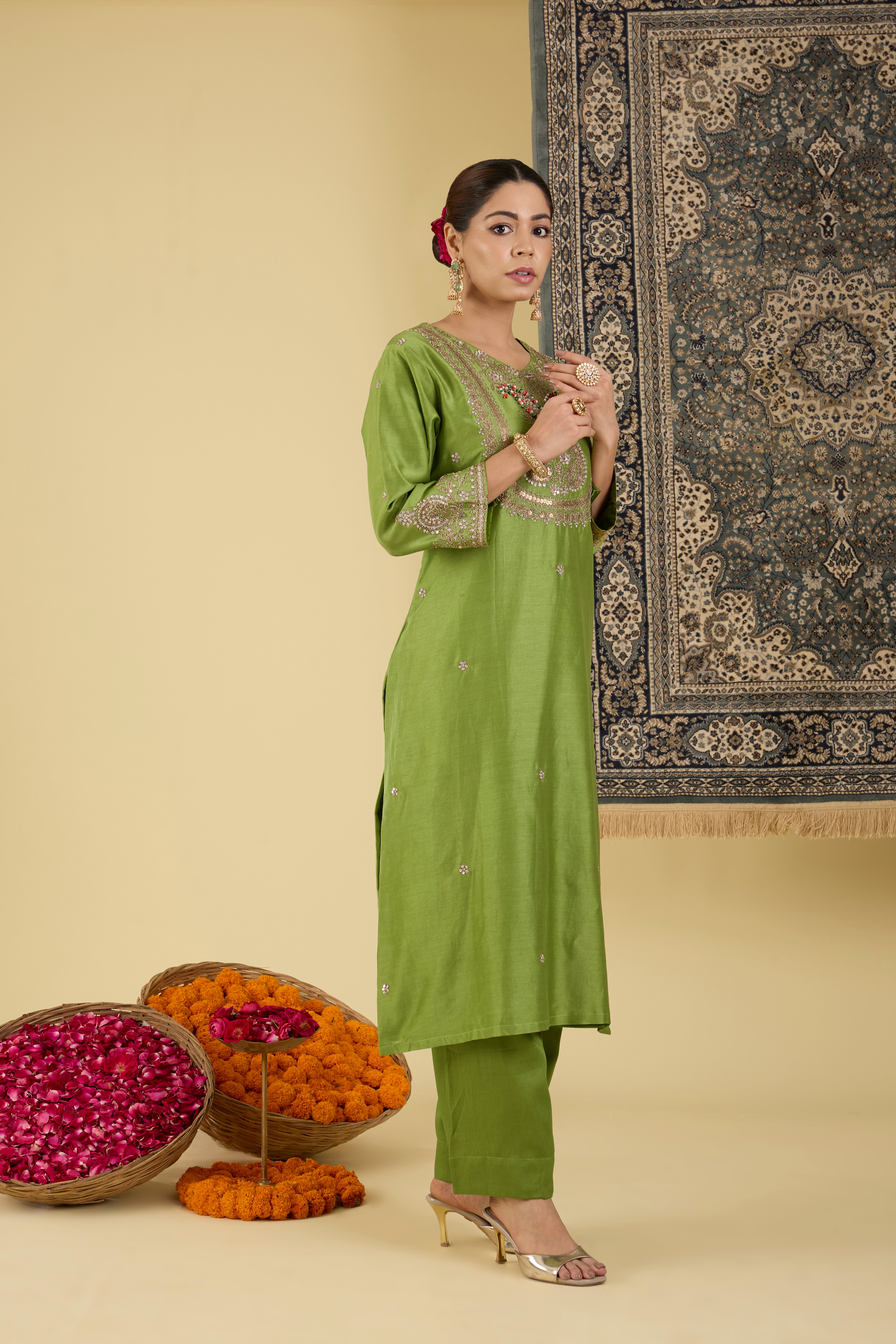 Olive Green Embroidered Festive Kurta Set .