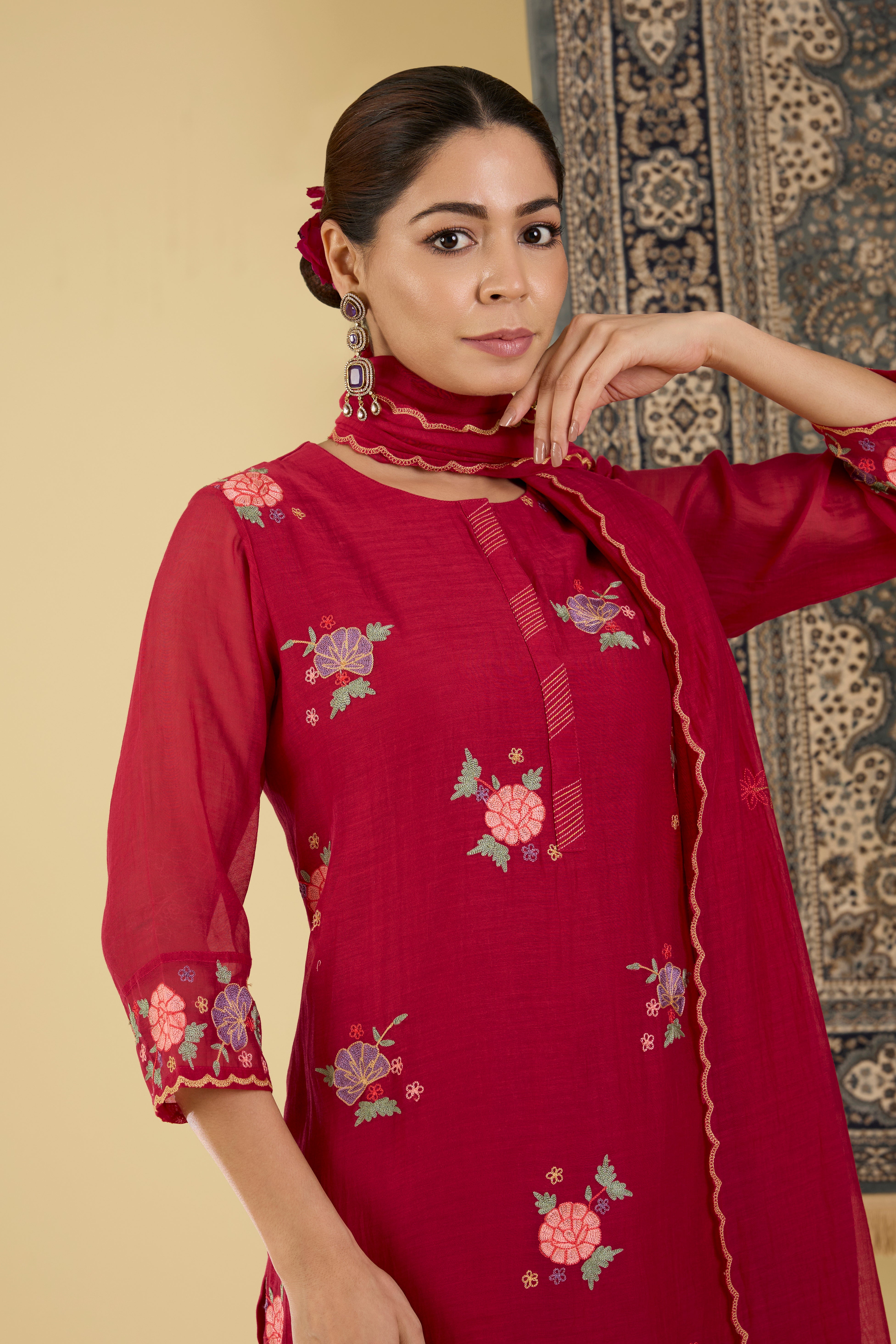 Crimson Floral Embroidered Kurta Set