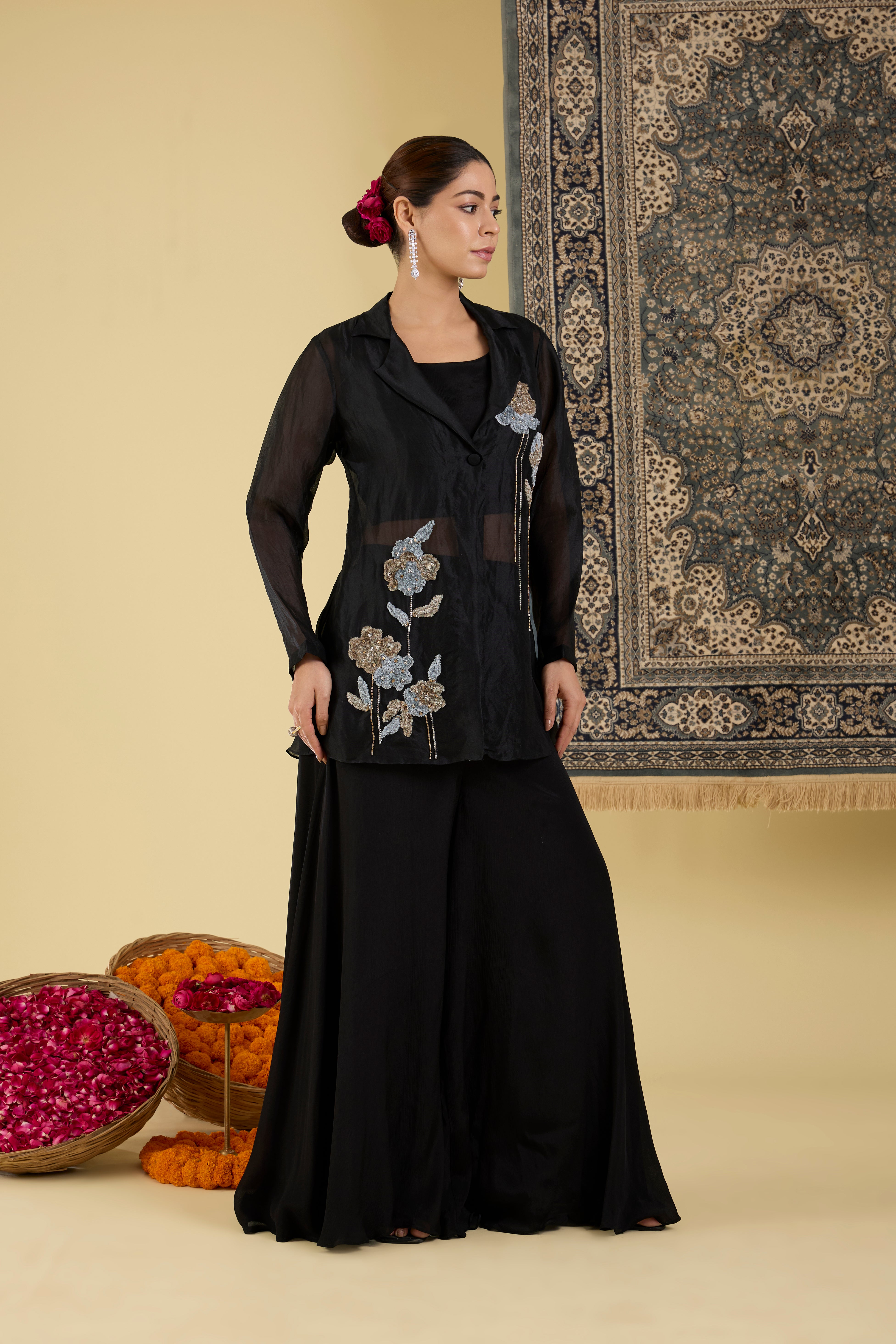 Black Embroidered Co-ord Set with Jacket