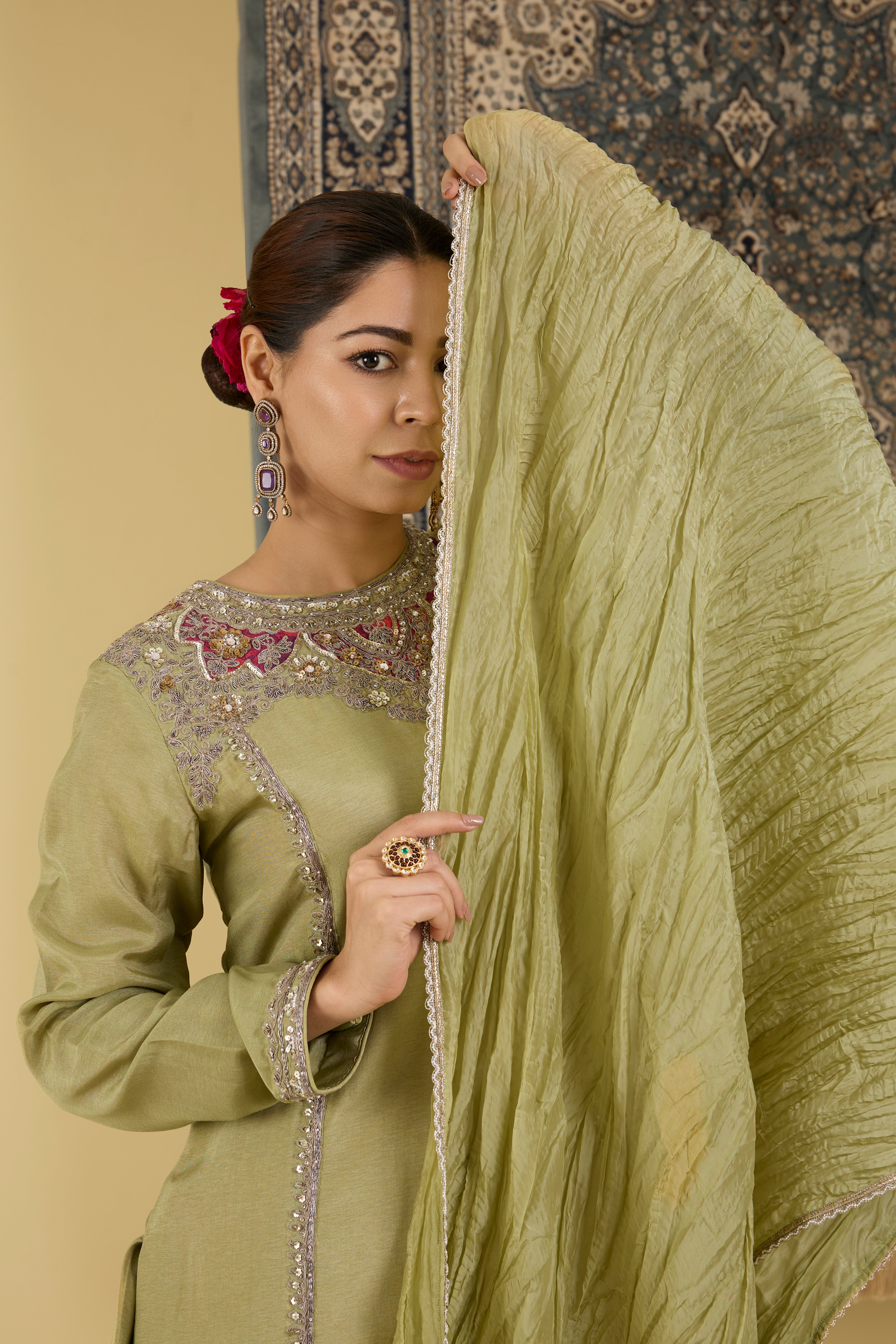 Olive Green Embellished Sharara Suit Set.