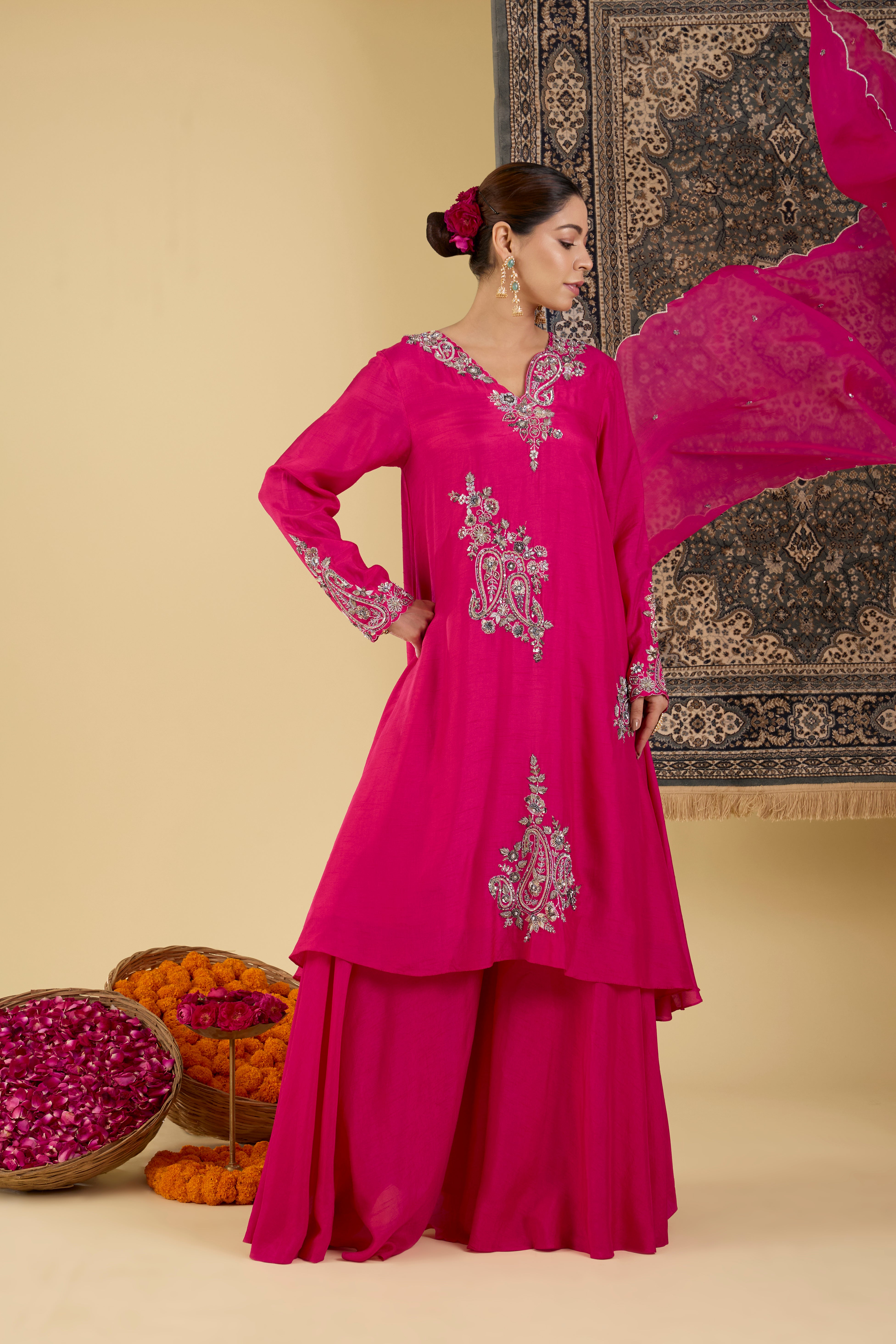 Radiant Pink Embroidered Straight A Line Suit Set.