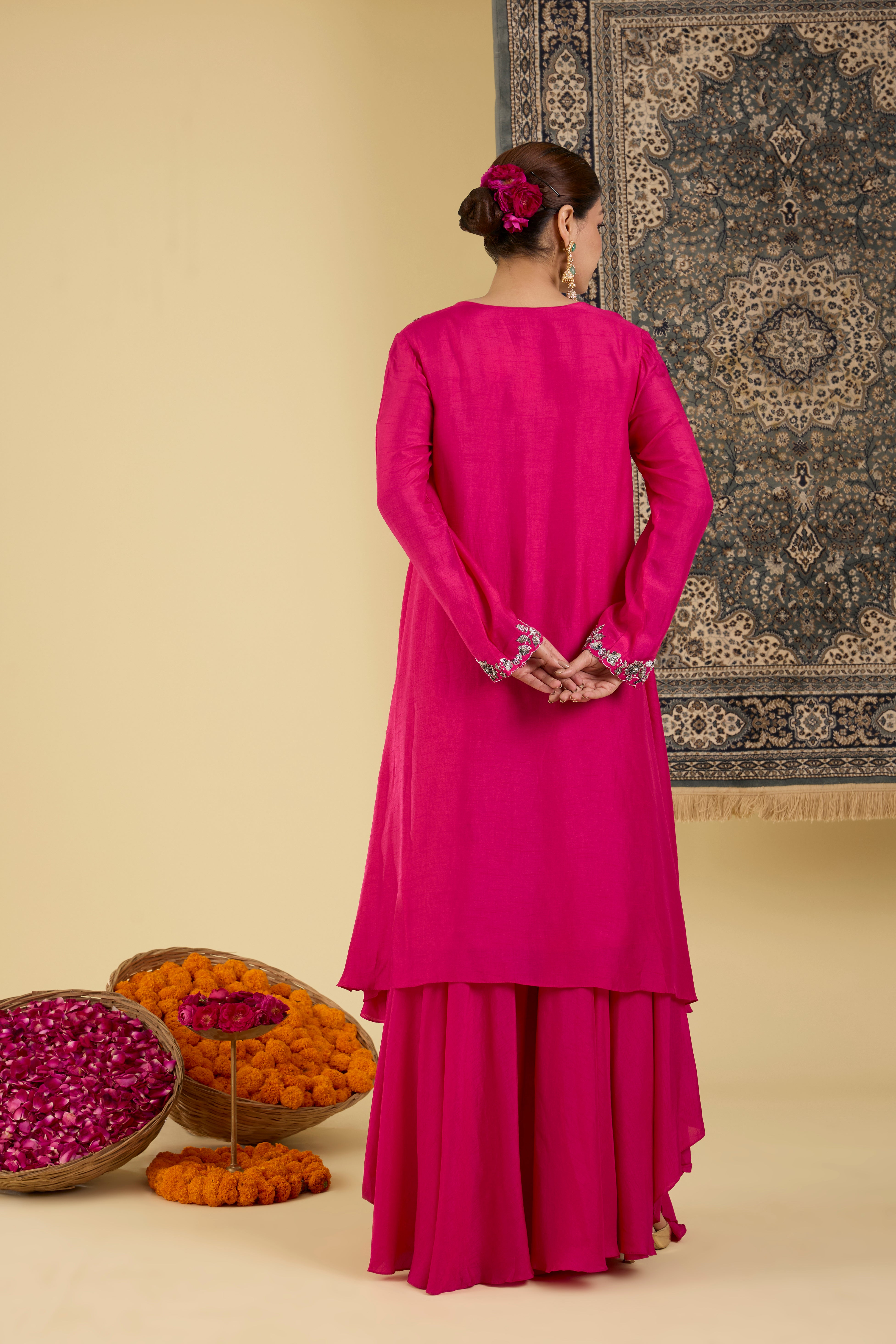 Radiant Pink Embroidered Straight A Line Suit Set.