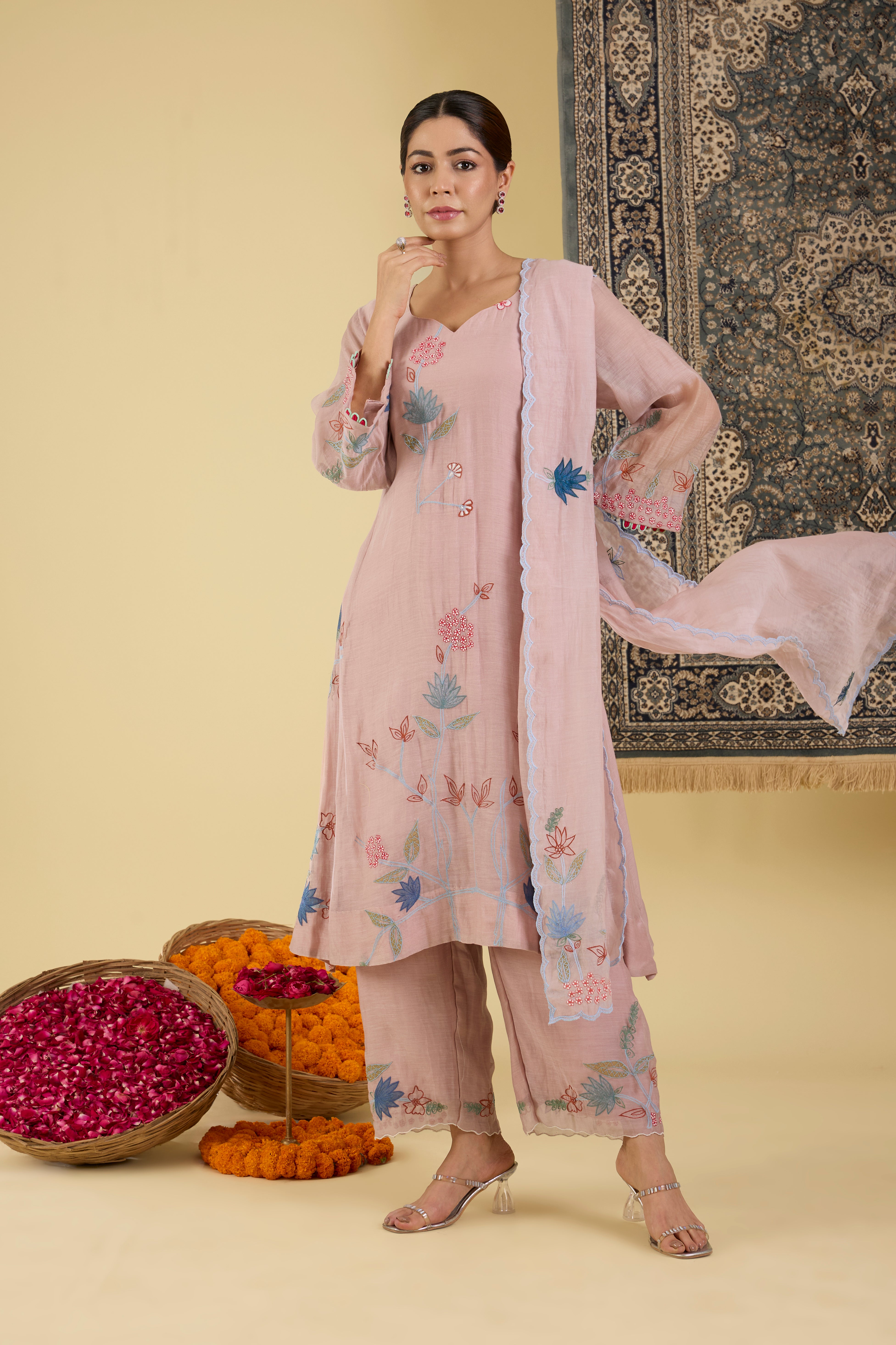 Lilac Floral Embroidered Kurta Set.
