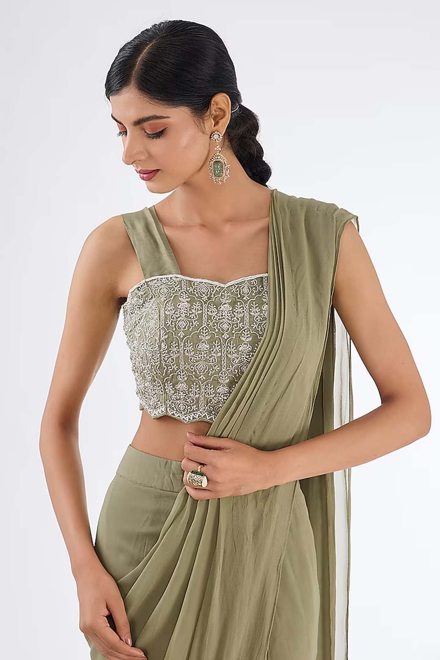 Pista Green Draped Saree Set