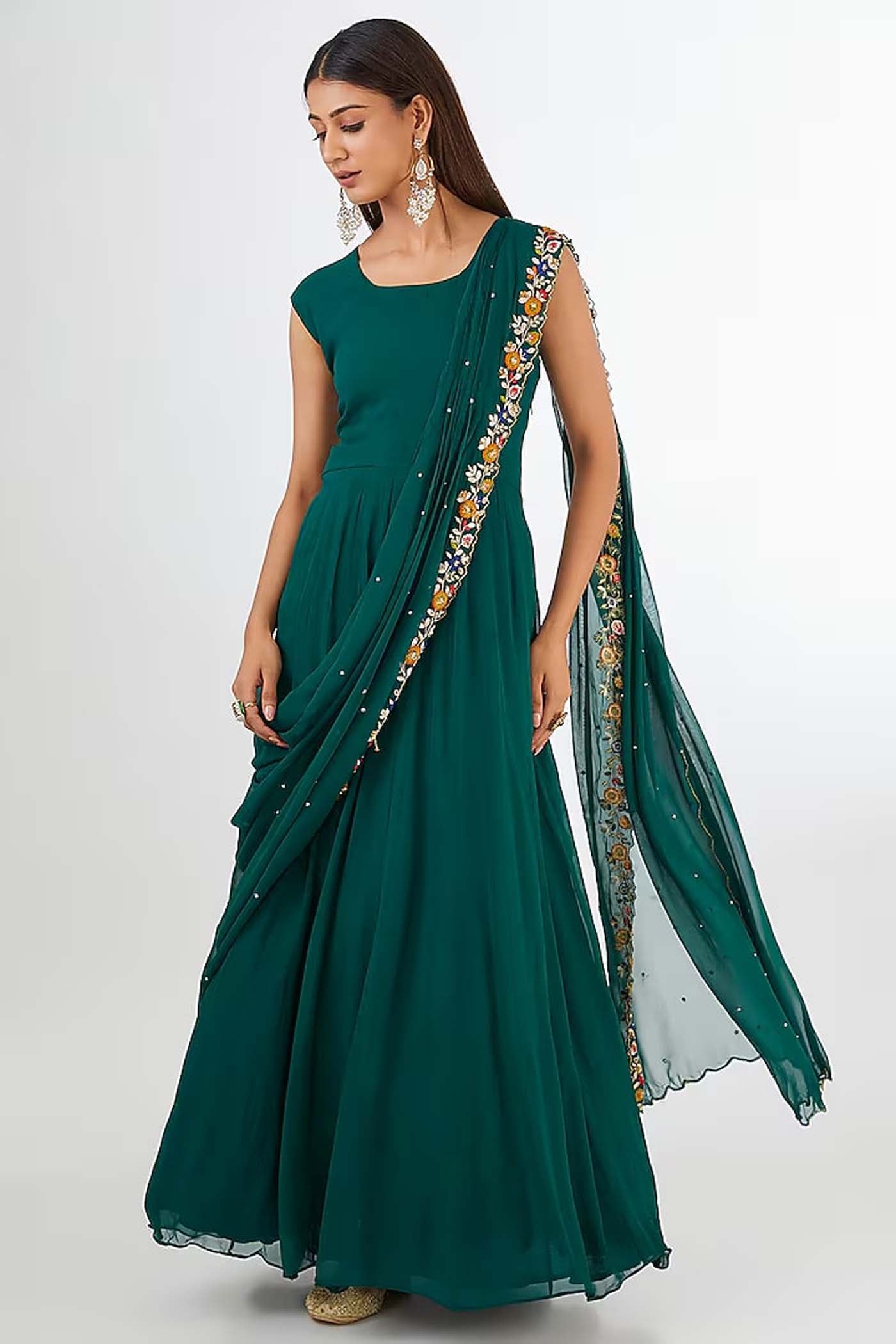 Rama Green Draped Gown Saree