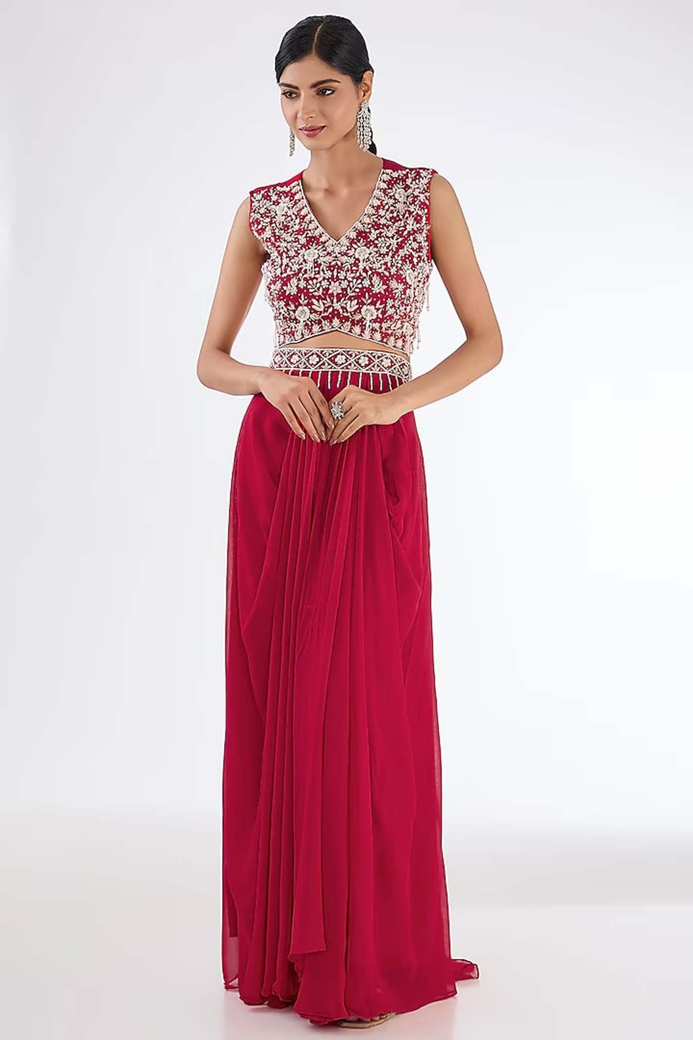 Red Crop-top with Skirt Set