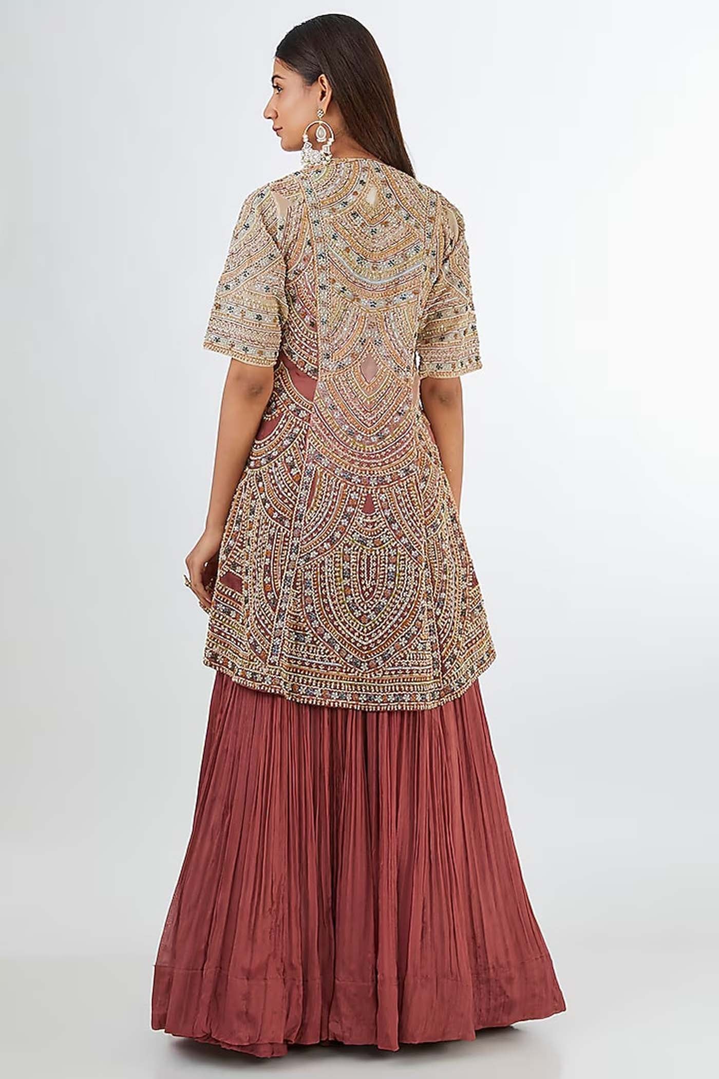 Beige,Rust Crop-top with Skirt Set