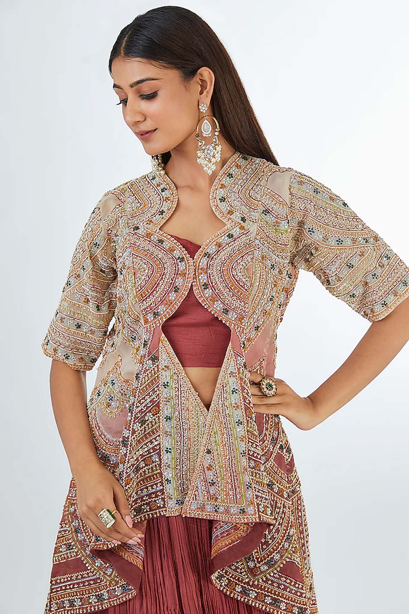 Beige,Rust Crop-top with Skirt Set