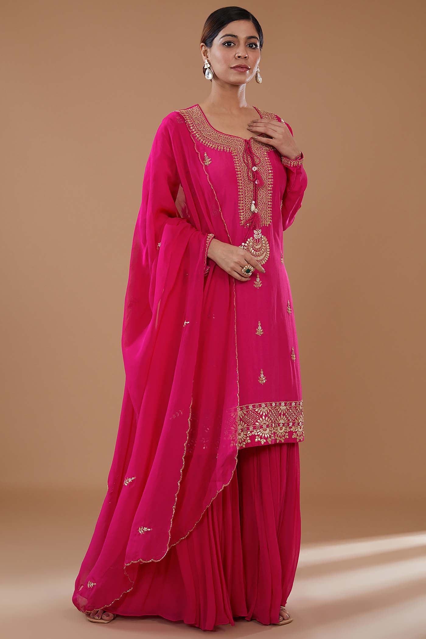 Fuchsia Embroidered Shirt with Sharara and Dupatta