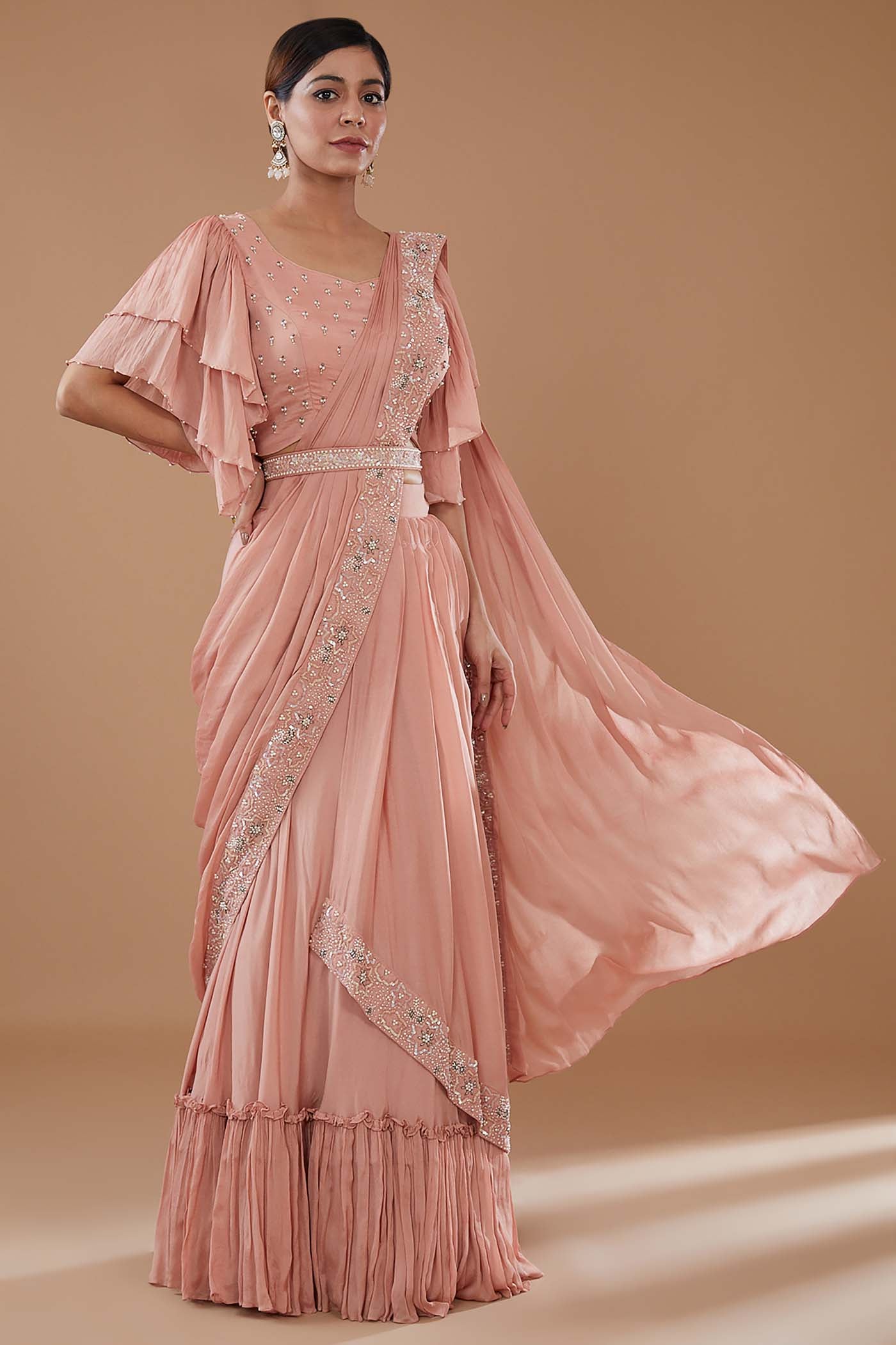 Peach Draped Lehenga Saree with Embroidered Belt