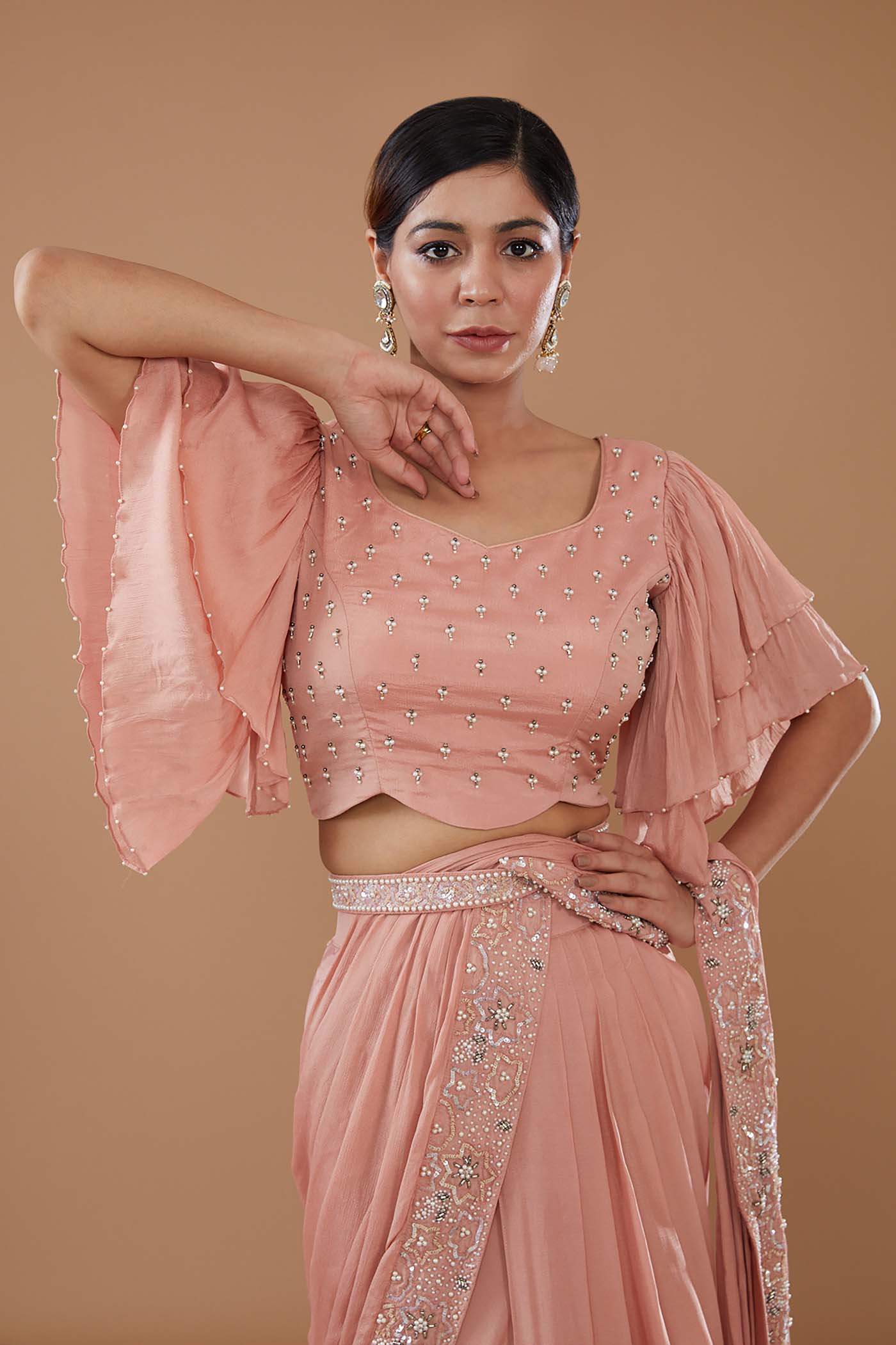 Peach Draped Lehenga Saree with Embroidered Belt