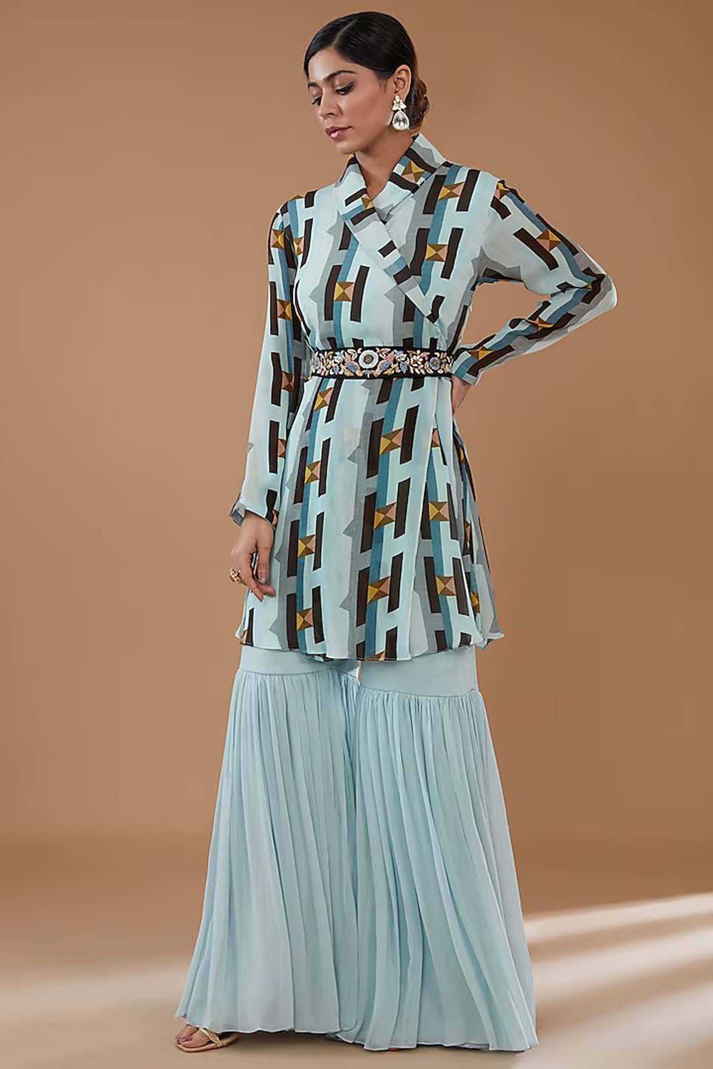 Ice-Blue Printed Top with Sharara and Embroidered Belt