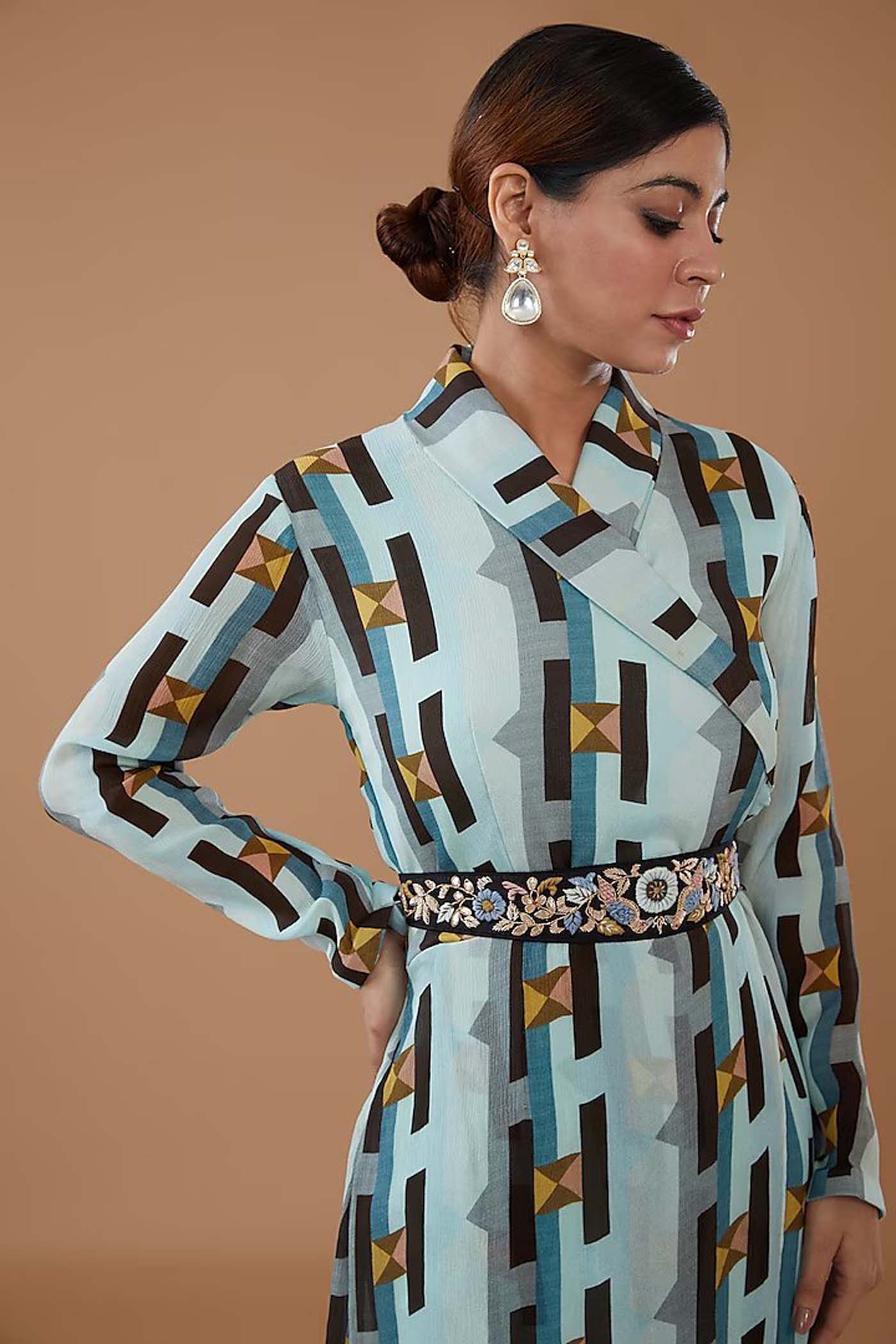 Ice-Blue Printed Top with Sharara and Embroidered Belt