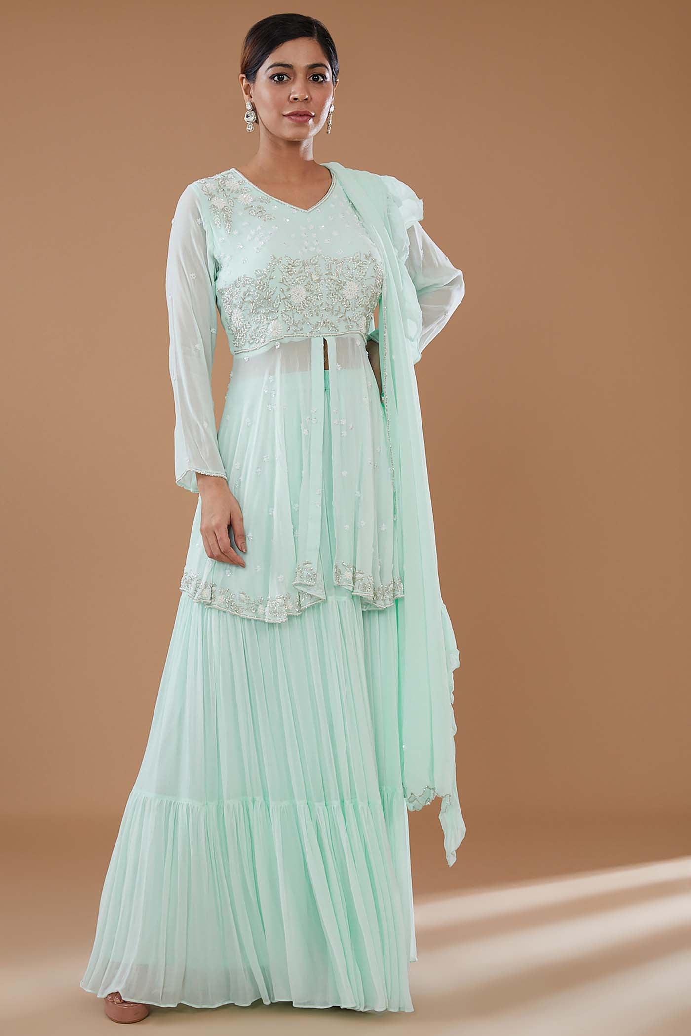 Ice-Blue Embroidered Front Open Peplum Top with Sharara and Dupatta