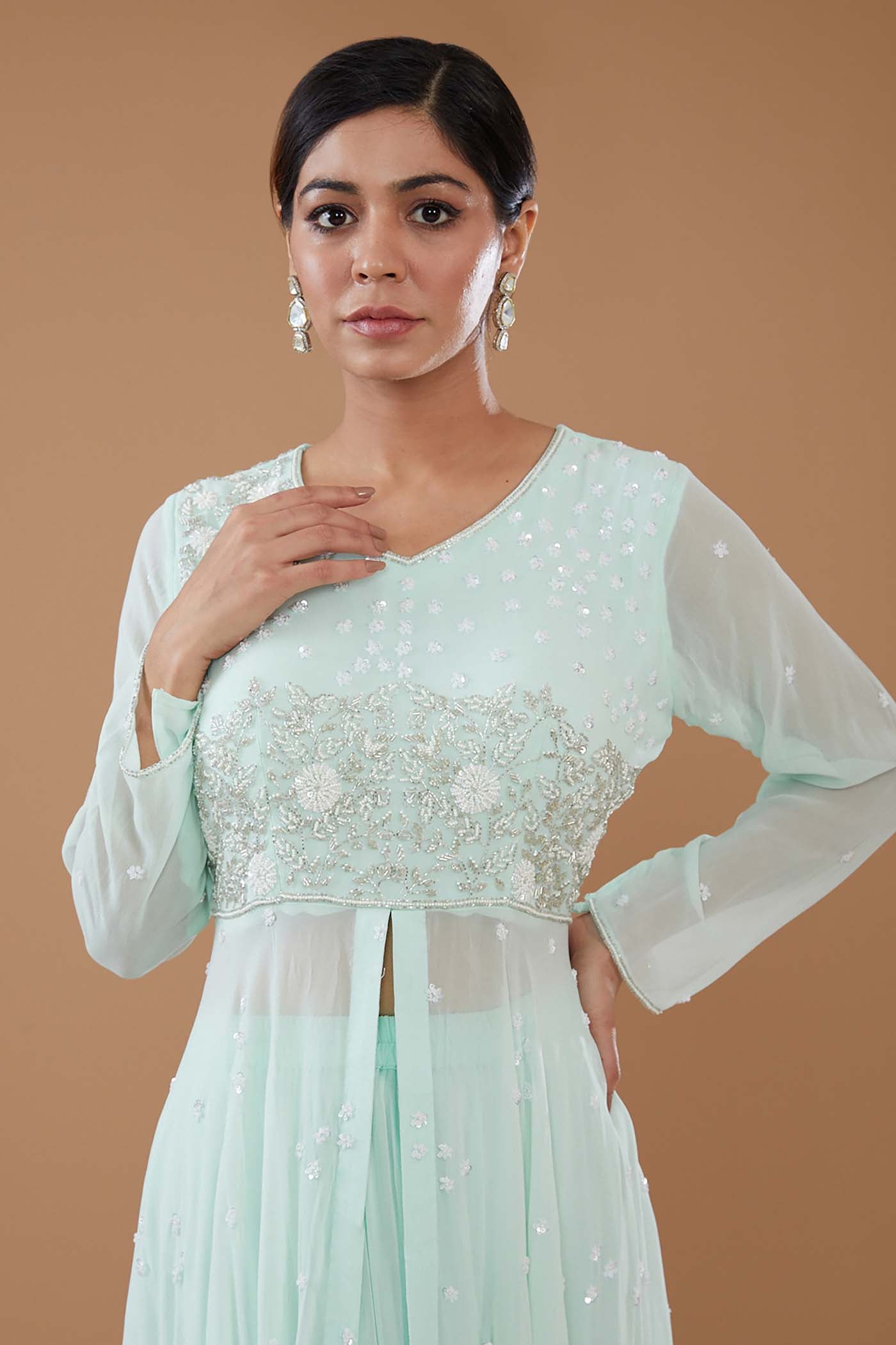 Ice-Blue Embroidered Front Open Peplum Top with Sharara and Dupatta