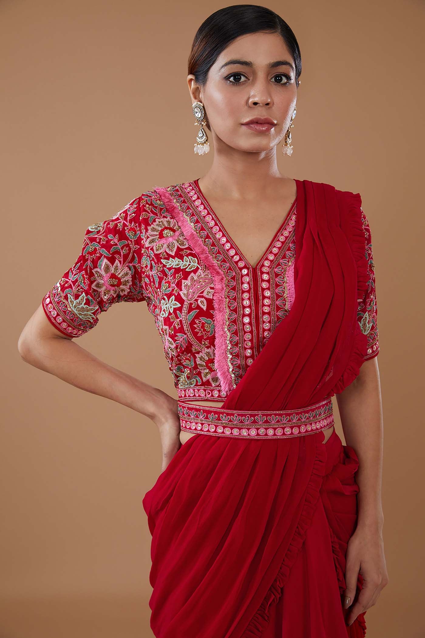 Red Drape Lehenga Saree